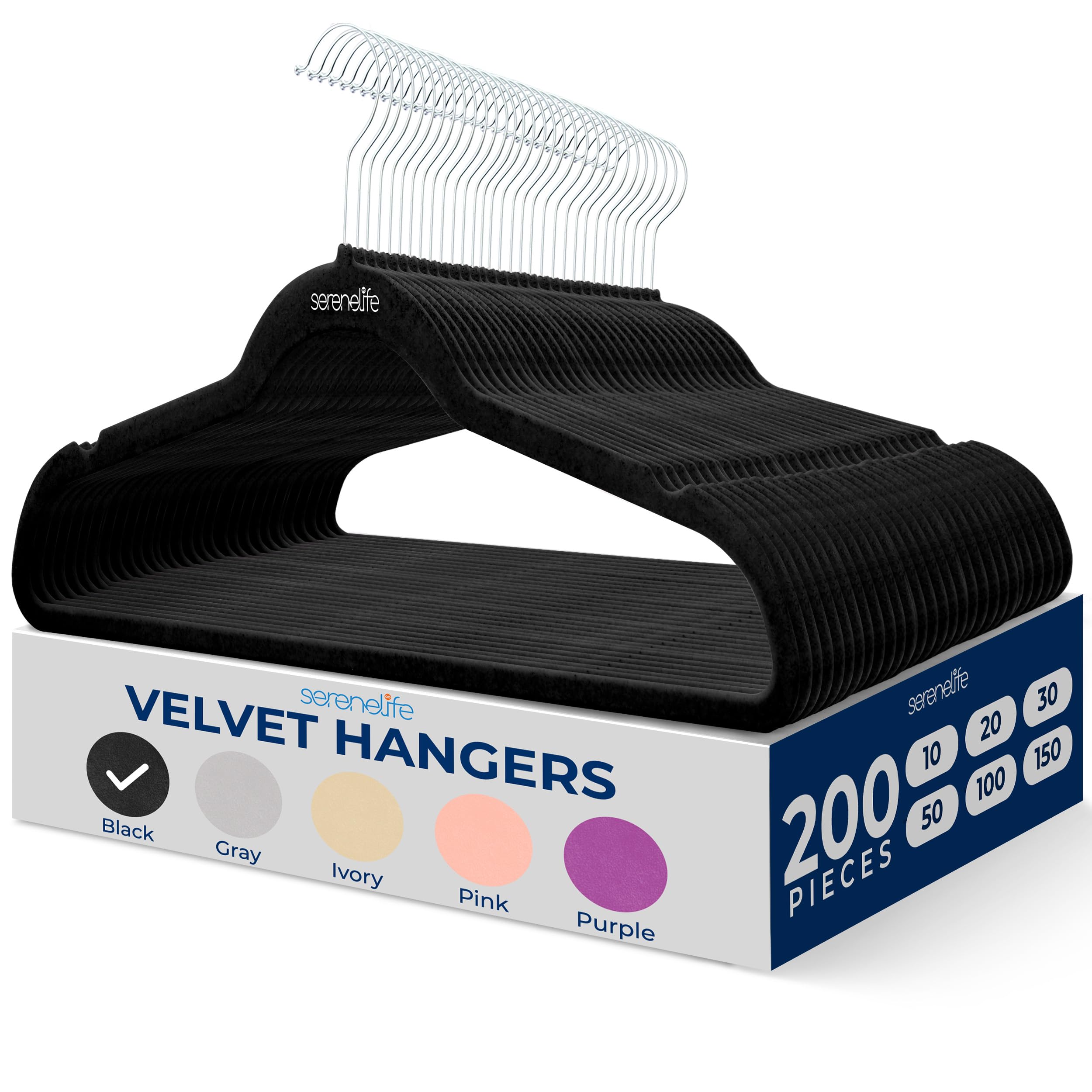 SereneLife 200 Pack Velvet Hangers - Non-Slip Felt Clothes Hangers with 360° Swivel Hook, Space-Saving Ultra-Thin Design for Shirts, Sweaters, Hoodies & Dresses - Perfect for Closet Organization, Retail Stores & Kids Wardrobe