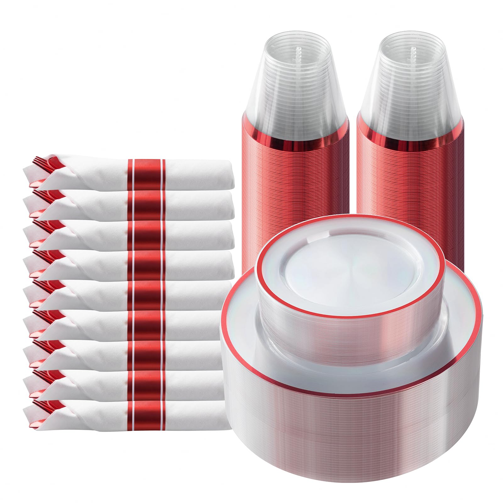 Goodluck 175-Piece Red Plastic Party Dinnerware Set - Disposable Plates, Cups & Cutlery for 25 Guests | Includes 25 Dinner Plates, Dessert Plates, Pre-Rolled Napkins & Cups | Perfect for Birthday Parties, Weddings, BBQs & Events