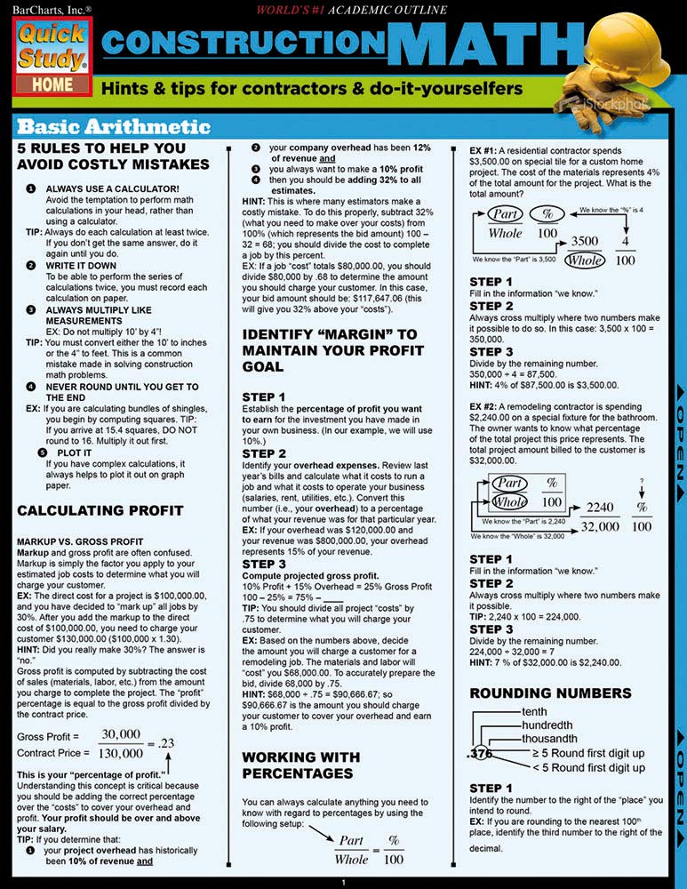 Construction Math Quick Study Guide - Essential Formulas & Calculations for Builders, Contractors & DIY Home Projects | Perfect for Estimating, Framing & Renovation