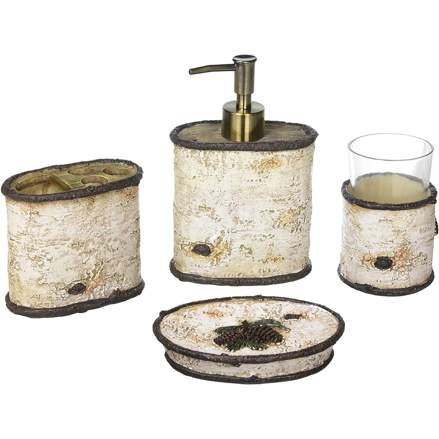 Natural Birch Pinecone 4-Piece Bathroom Countertop Accessory Set - Soap Dispenser, Toothbrush Holder, Tumbler & Tray - Rustic Farmhouse Decor for Bathroom Vanity Organization