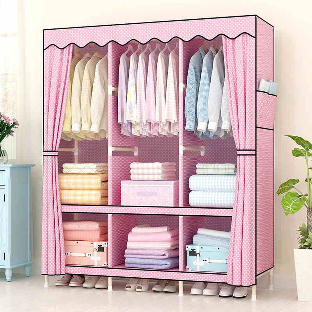 Portable Non-Woven Fabric Wardrobe Closet - Pink Storage Organizer with Easy Assembly (68.5