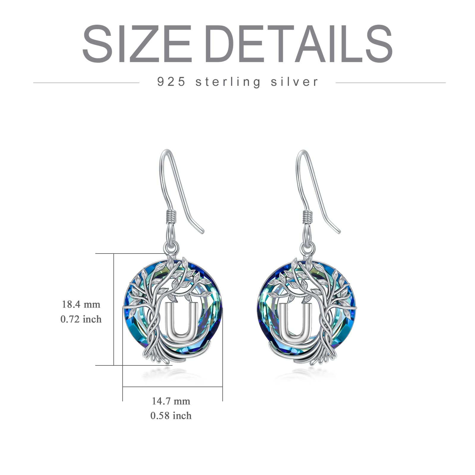 TOUPOP 925 Sterling Silver Tree of Life Initial Earrings with Blue Circle Crystal - A-Z Letter Drop Dangle Jewelry for Women | Valentine's Day, Anniversary & Birthday Gifts for Her, Girlfriend or Mom | Perfect for Date Nights, Weddings & Special Occasions