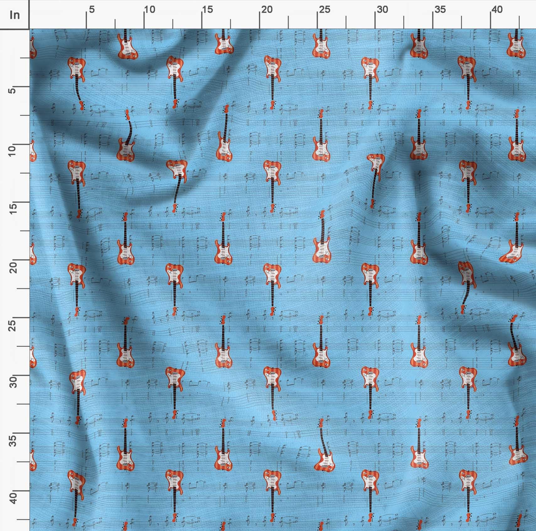 Soimoi Moss Georgette Blue Fabric by The Yard - 42 Inch Wide Printed Fabric for Dresses, Curtains & Home Decor - Musical Notes & Guitar Design Fashion Material
