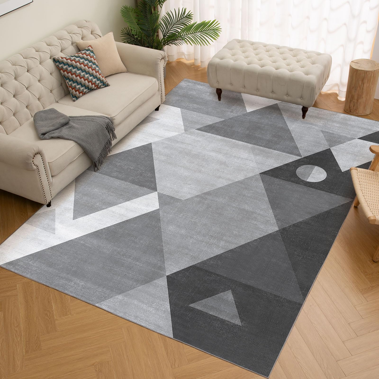Washable Modern Area Rug 9x12 - Geometric Design Non Slip Living Room Rug, Soft Bedroom Carpet Machine Washable Non Shedding - Grey 9'x12' for Home Decor & Cozy Spaces