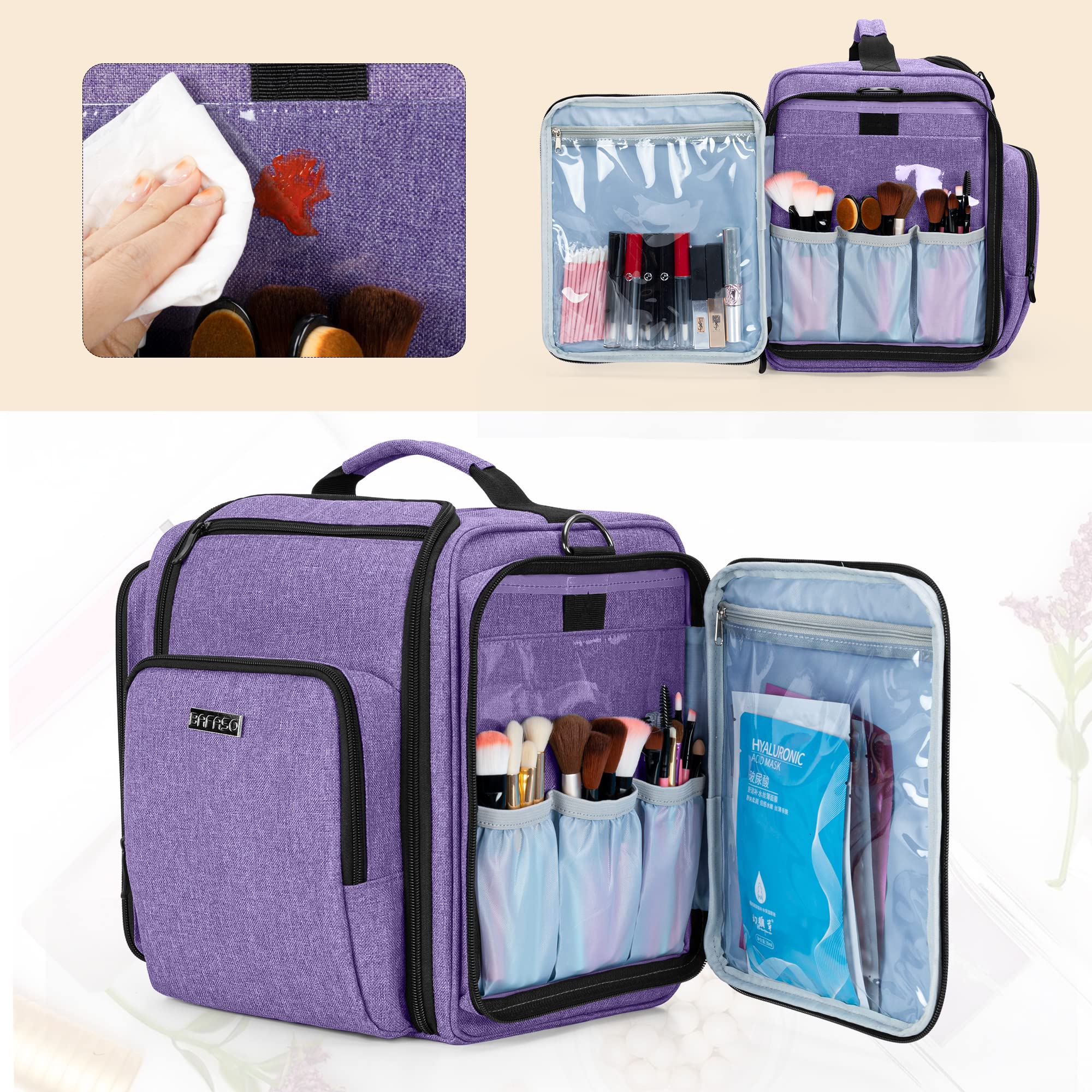 BAFASO Large Travel Toiletry Bag with 4 Removable Waterproof Pouches - Multifunctional Makeup Organizer for Cosmetics, Toiletries & Hair Accessories - Perfect for Vacation, Gym & Business Trips - Purple