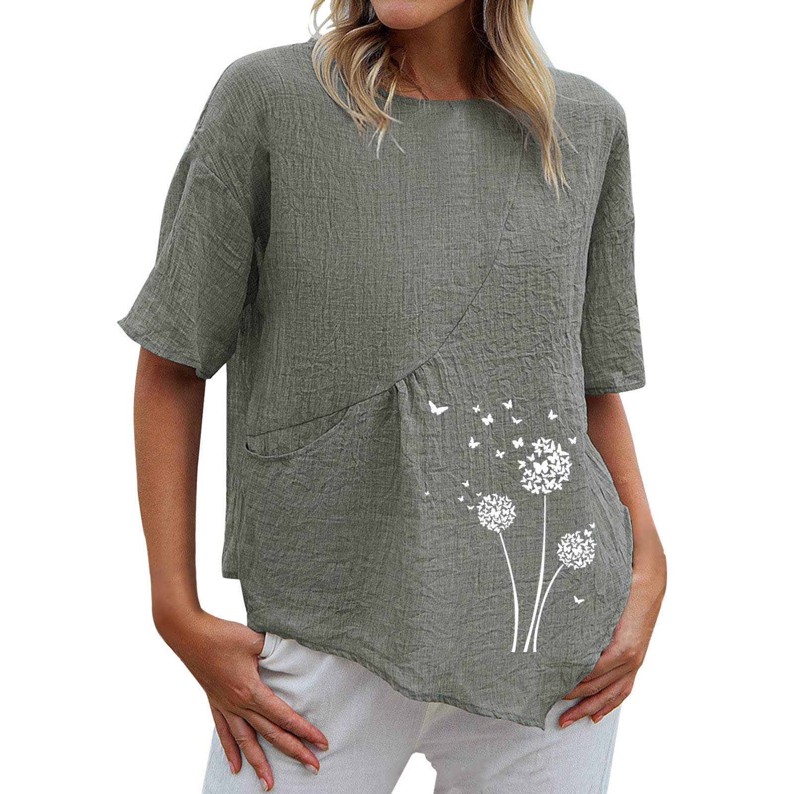Women's Summer Stitch Tops - O Neck Short Sleeve Dandelion Print Irregular Loose Fit Casual T-Shirts | Trendy Fashion for Beach, Vacation & Everyday Wear