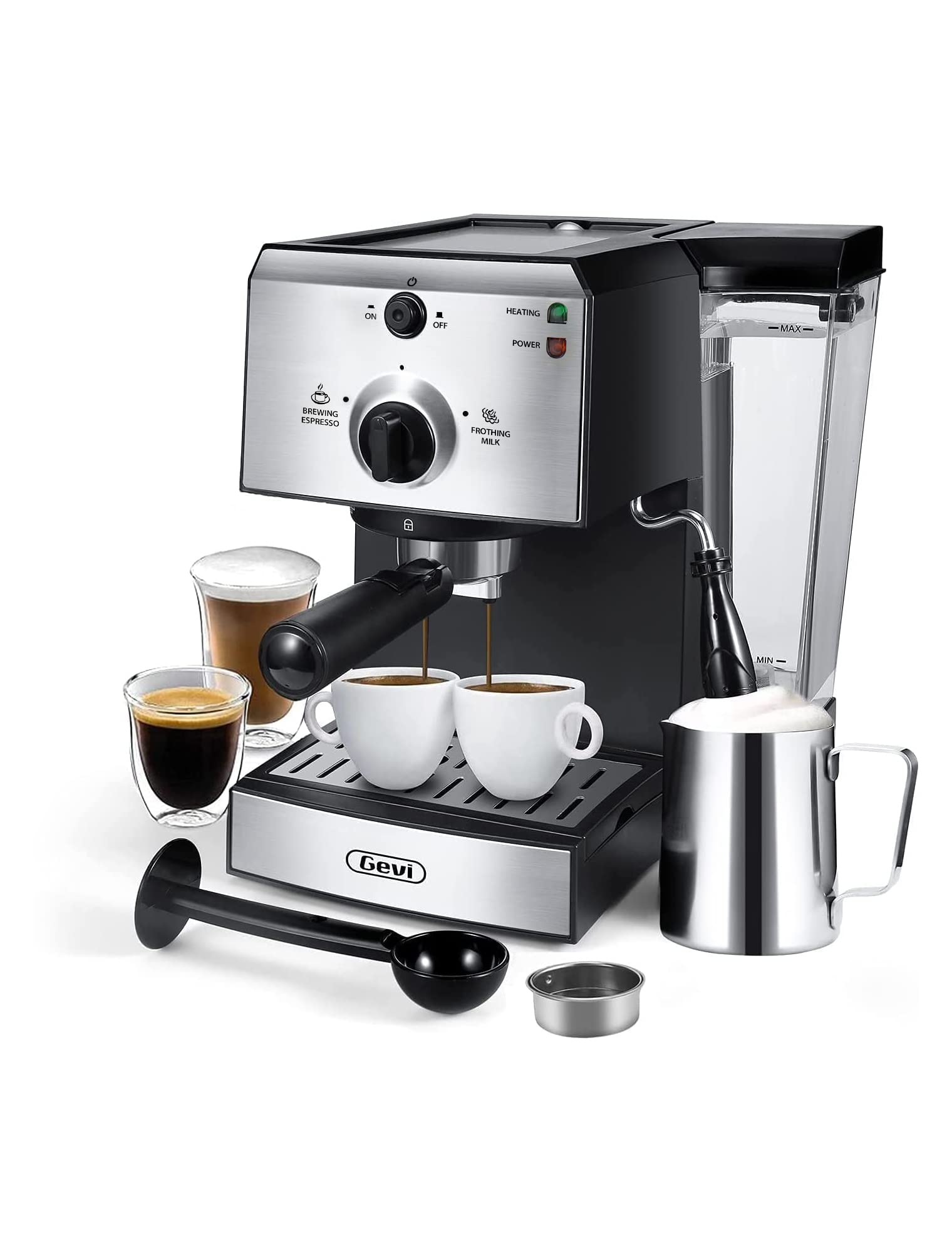 Gevi 15 Bar Espresso Machine with Milk Frother - Fast Heating Cappuccino & Latte Maker, 1.25L Removable Water Tank, Dual Temperature Control - Perfect for Home Baristas & Coffee Lovers (1350W) - Ideal for Morning Brews, Entertaining Guests & Coffee Shops