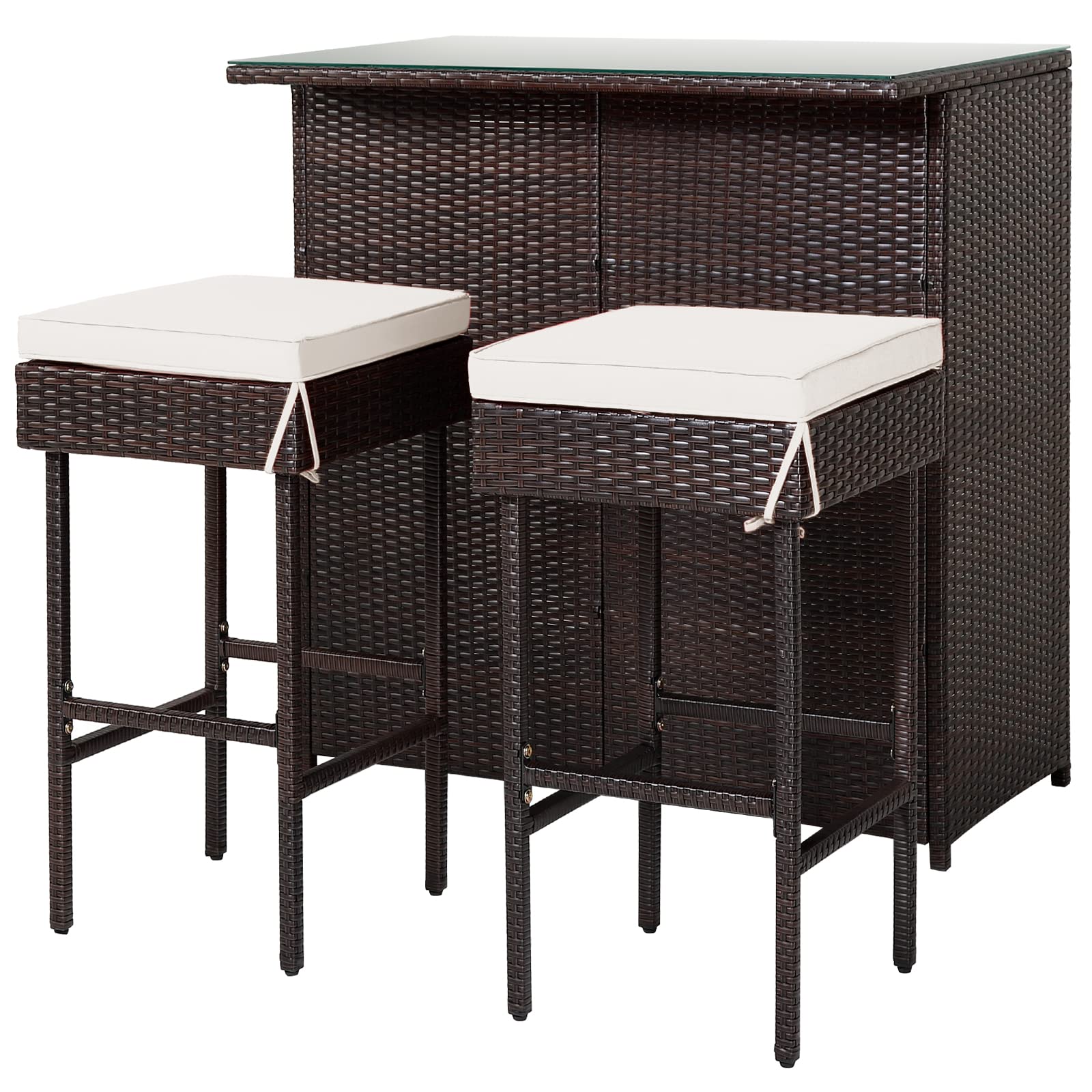 RELAX4FLIE 3-Piece Outdoor Bar Set - Patio Wicker Bar Table & Chairs with Cushioned Stools, 2 Open Shelves & Tempered Glass Top - Rattan Bar Height Set for Poolside, Garden, Backyard, Deck & Outdoor Entertaining (Beige)