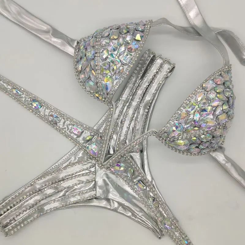 2020 Venus Vacation V-Neck Rhinestone Bikini Set - Push Up Swimsuit with Bling Stones for Women | Perfect for Beach Vacations, Pool Parties & Summer Getaways
