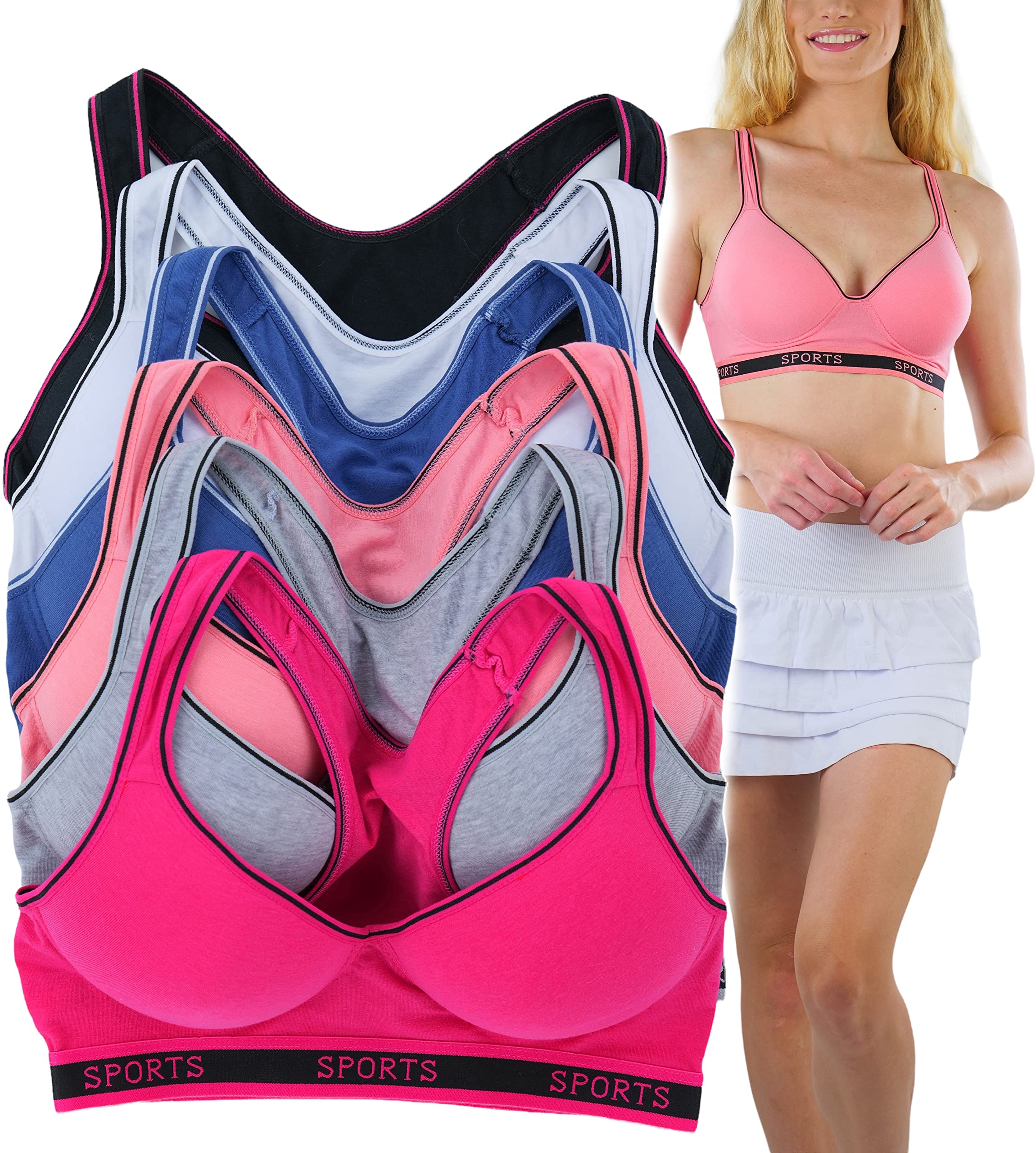 ToBeInStyle Women's 6-Pack Colorful Sports Bras with Logo Design - Perfect for Yoga, Running & Gym Workouts