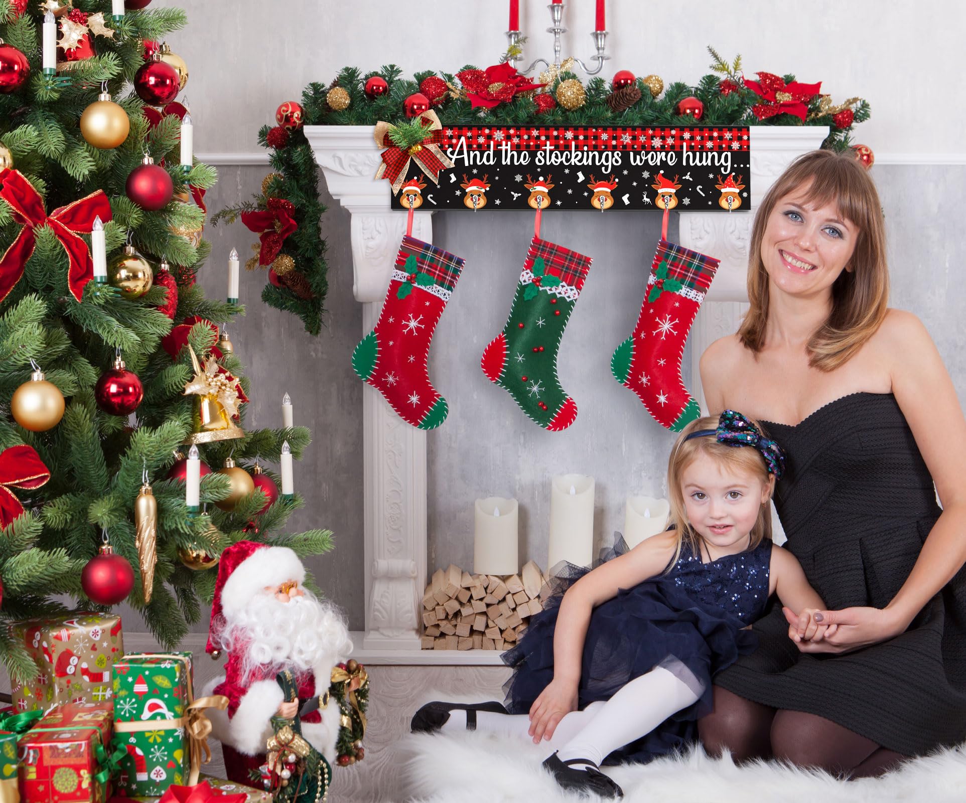 Wooden Christmas Stocking Holder for Mantel - 24.4 Inch Collapsible Fireplace Stocking Hanger with 6 Hooks - Perfect for Holiday Decor, Wall Hanging, and Festive Mantel Display - Xmas Stocking Organizer for Fireplace Decorations