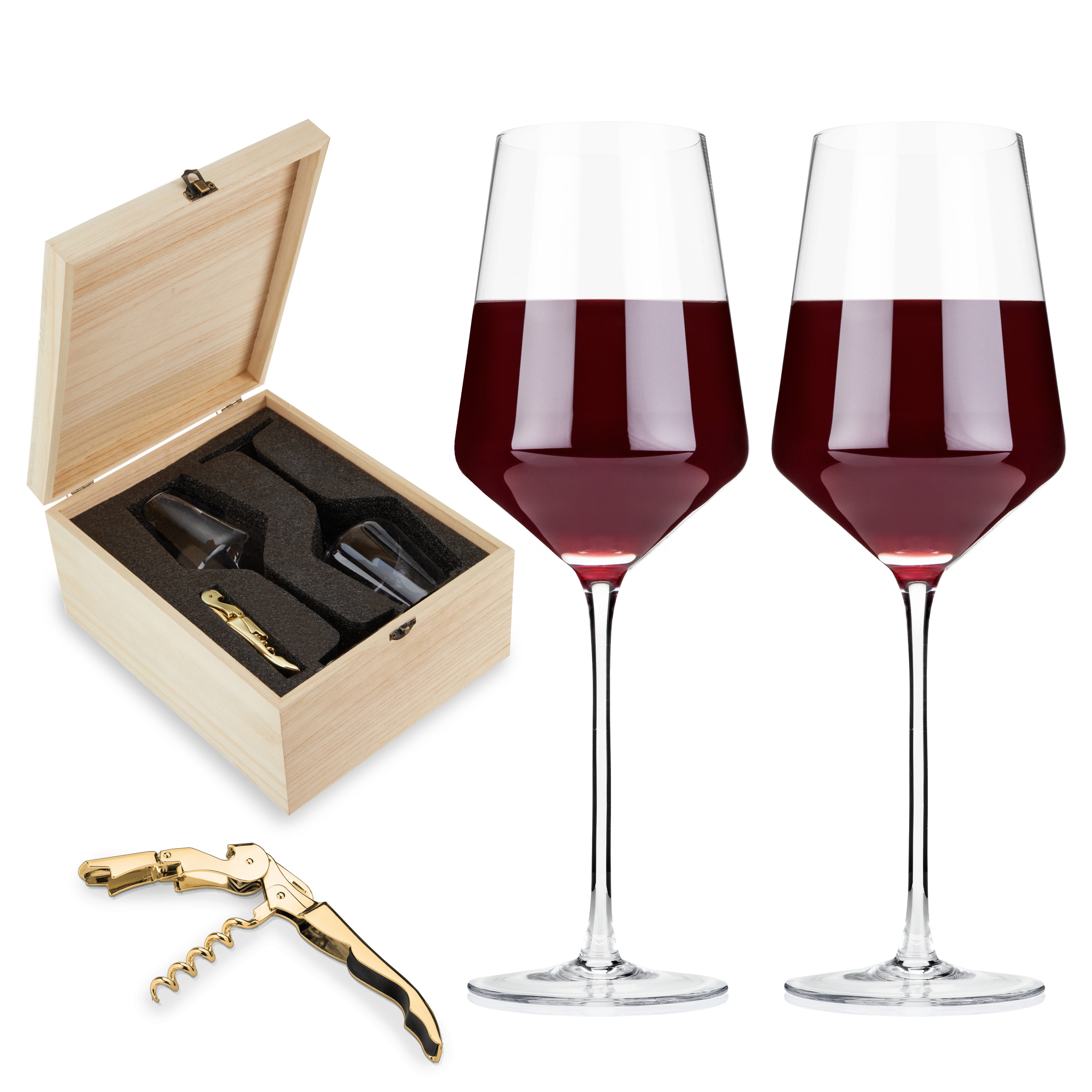 Premium Crystal Bordeaux Wine Glasses & Gold Plated Corkscrew Gift Set - Elegant Wine Accessories for Dinner Parties, Weddings & Romantic Gifts