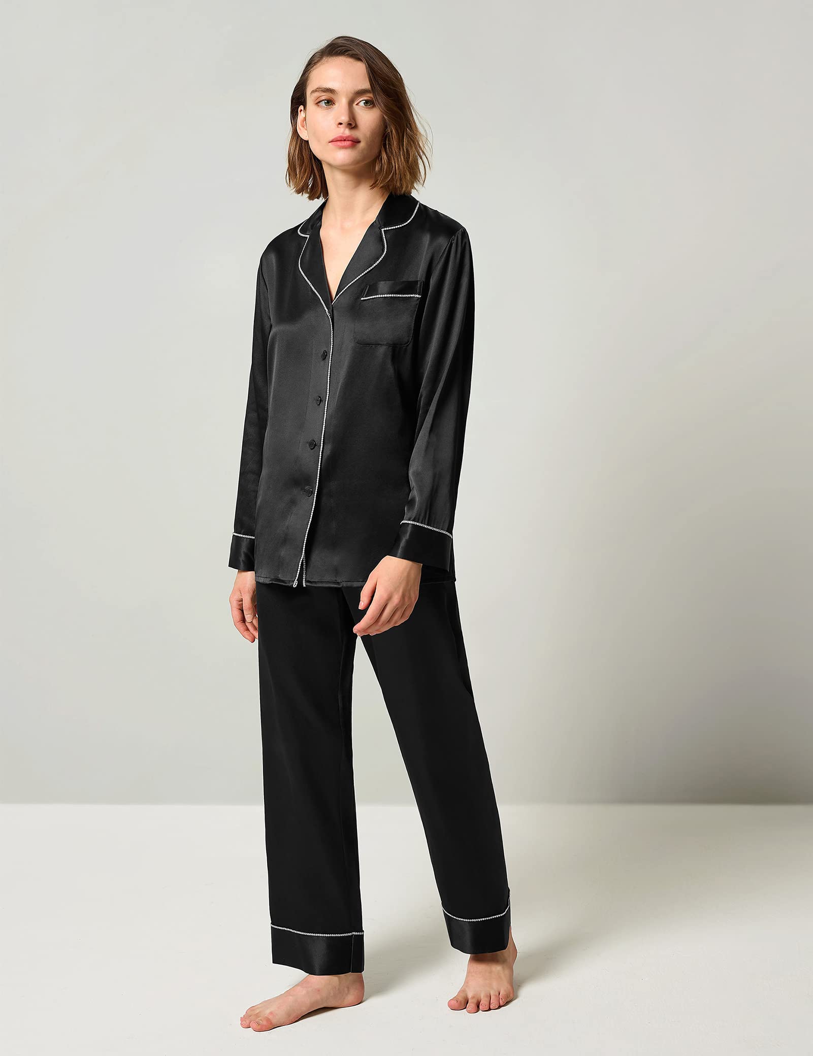 Luxury 100% Pure Silk Pajama Set for Women - Rhinestone Trim Long Sleeve Button Down Sleepwear & Loungewear | Perfect for Relaxing at Home, Spa Days, and Romantic Getaways