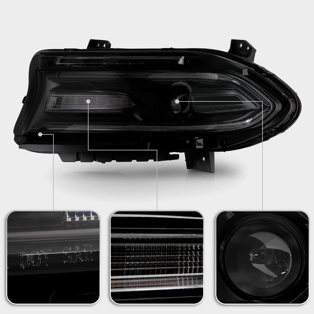 ACANII LED DRL Tube Projector Headlight for 2015-2022 Dodge Charger - Driver Side (Halogen Model, No Logo) | Upgrade Your Ride with Bright, Energy-Efficient Lighting for Night Driving & Enhanced Visibility