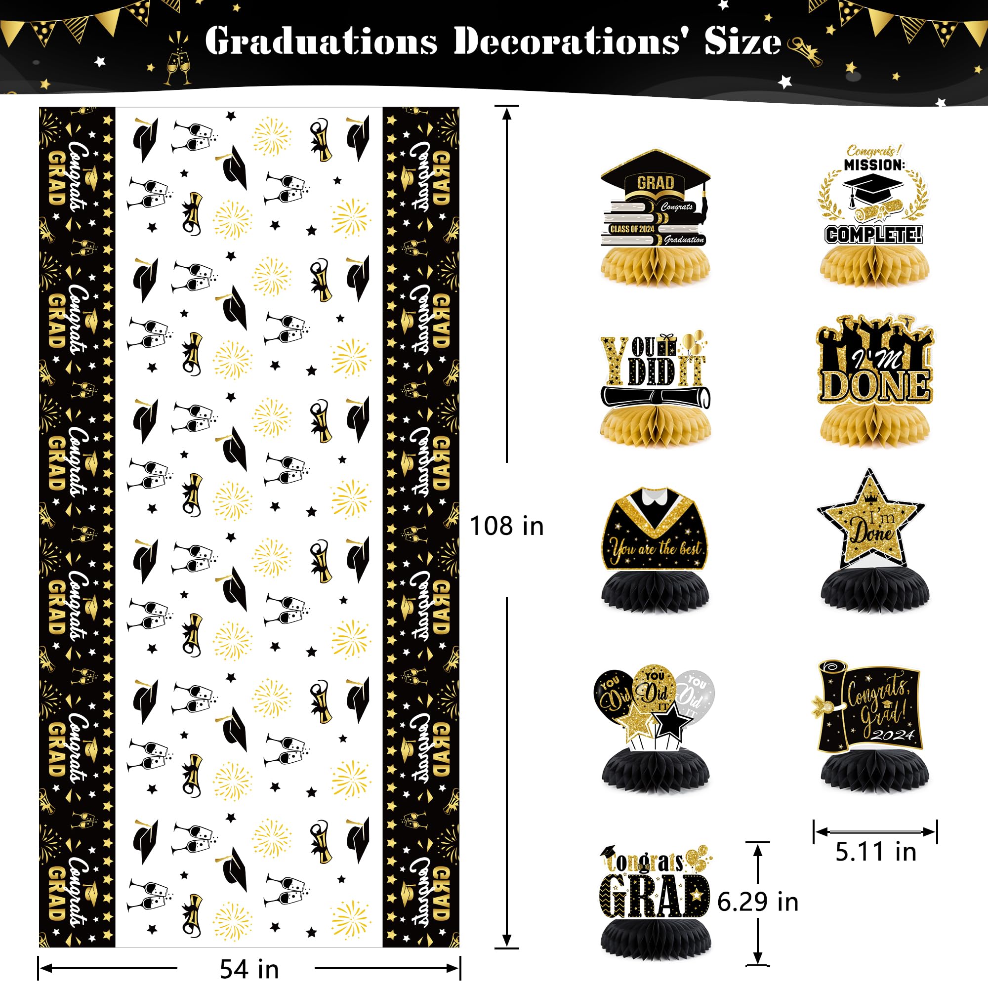 2024 Graduation Decor Kit - Black Gold Banner & Backdrop for Grad Party