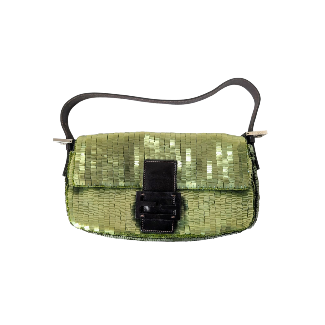 Vintage Fendi Green Sequin Baguette Bag - Pre-Owned Luxury Designer Handbag for Women, Perfect for Evening Parties & Special Occasions