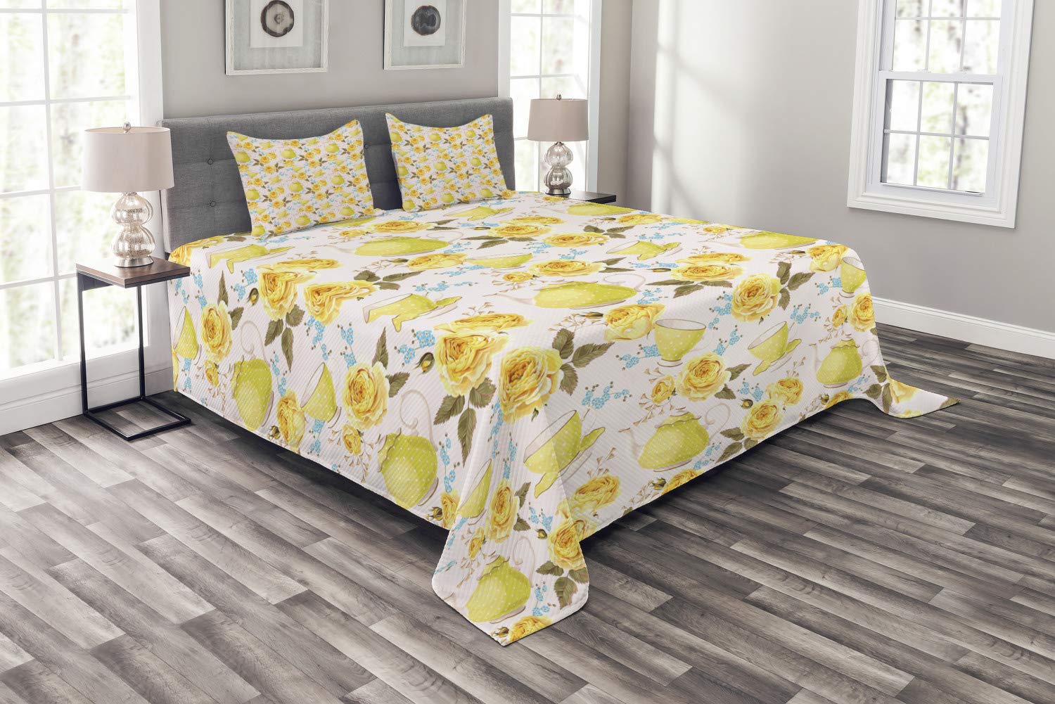 Ambesonne Tea Time Bedspread Set - 3 Piece King Size Floral Bedding with Cups & Pots Design, Turquoise & Yellow - Perfect for Vintage & Boho Bedroom Decor