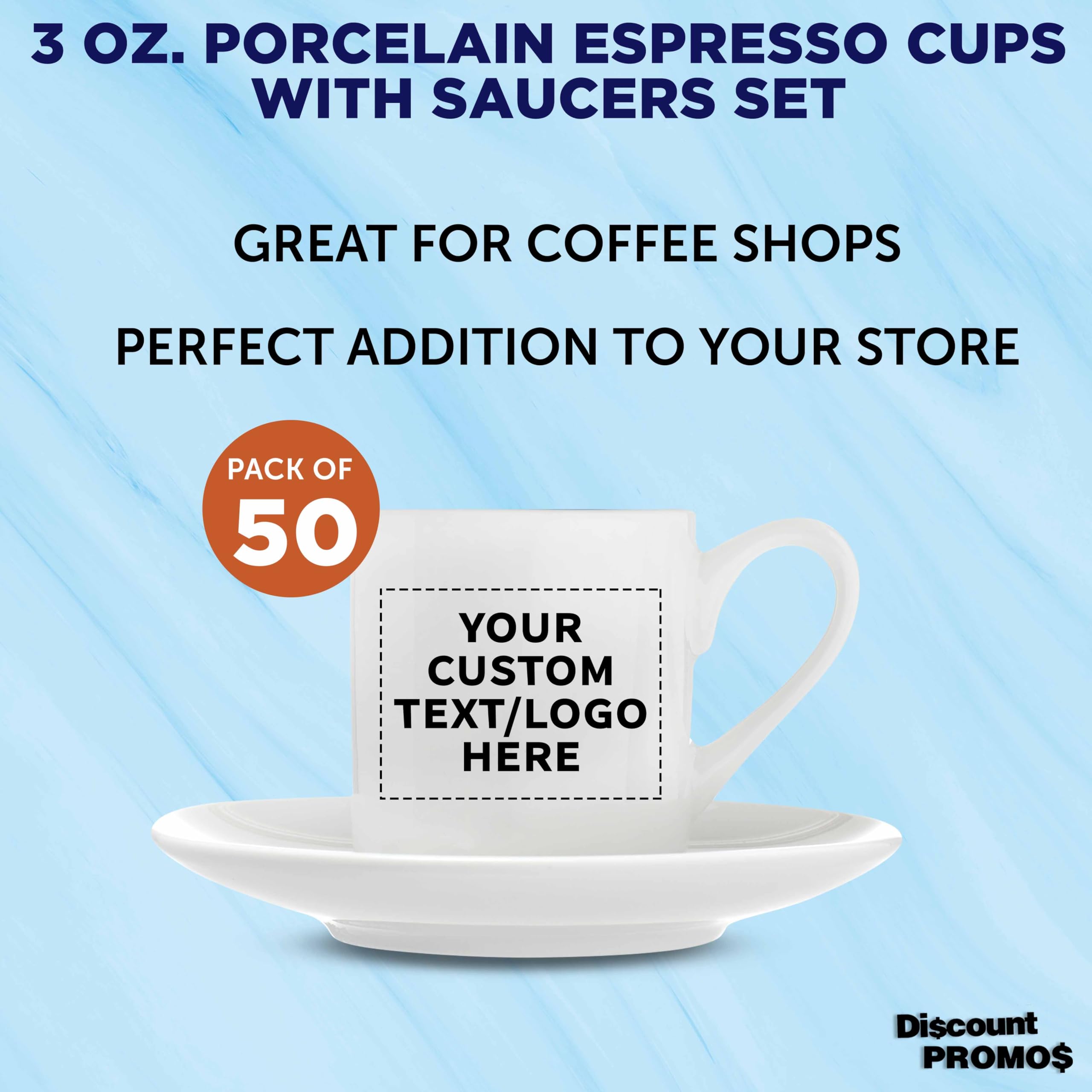 50-Piece Porcelain Espresso Cup and Saucer Set - 3 oz White Coffee Cups with Custom Text & Logo - Perfect for Coffee Shops, Restaurants, and Home Use