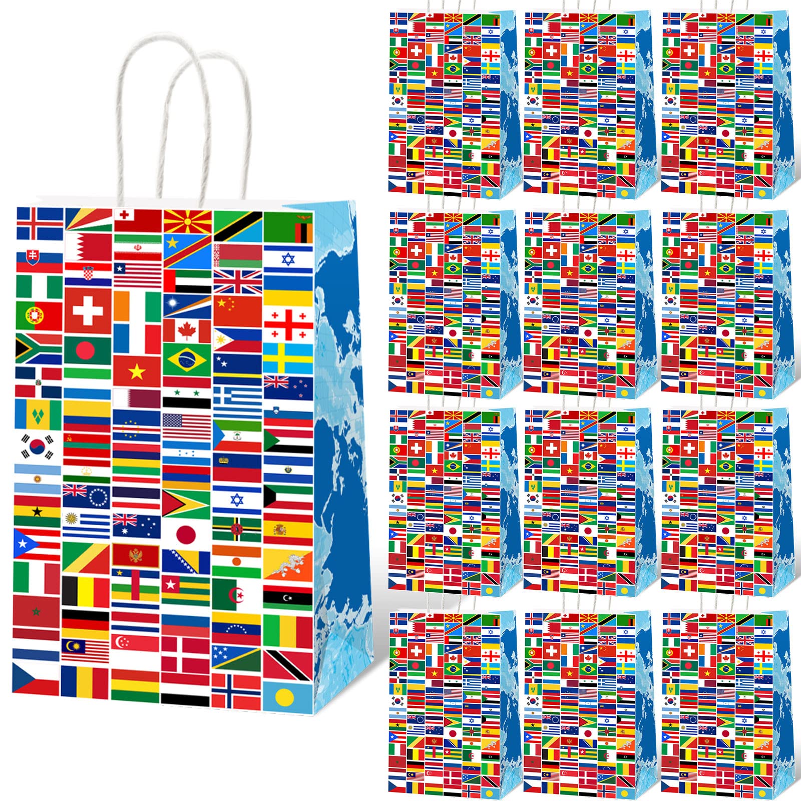 12 Pcs World Country Flags Party Favor Bags - International Travel Themed Birthday, Retirement, Graduation Party Decorations & Goodie Bags for Around the World Celebration, Travel Theme Party Supplies