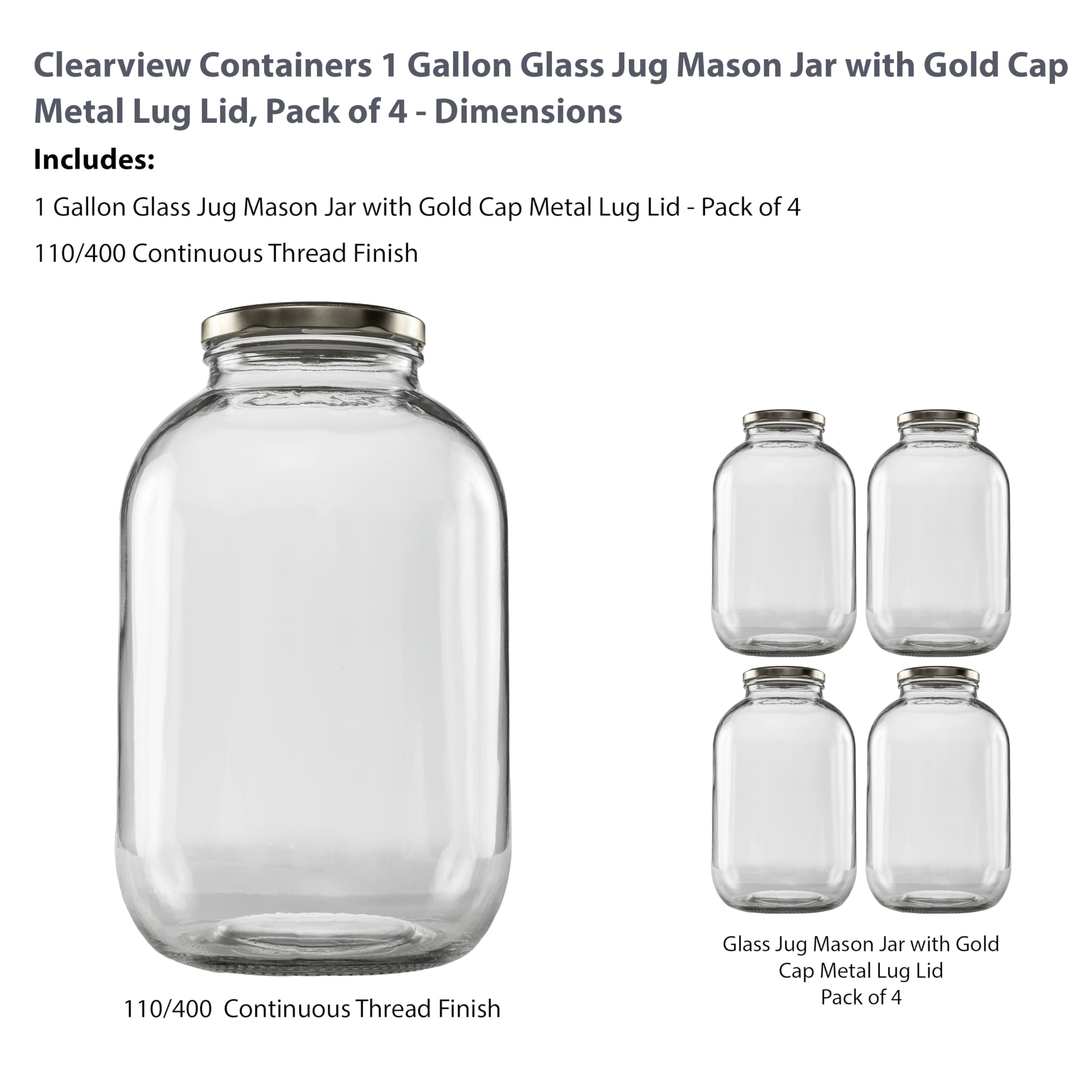 1 Gallon Glass Wide Mouth Jar with Gold Cap Metal Lug Lid (128oz, 4 Pack) - Perfect for Canning, Fermenting, Food Storage & DIY Crafts