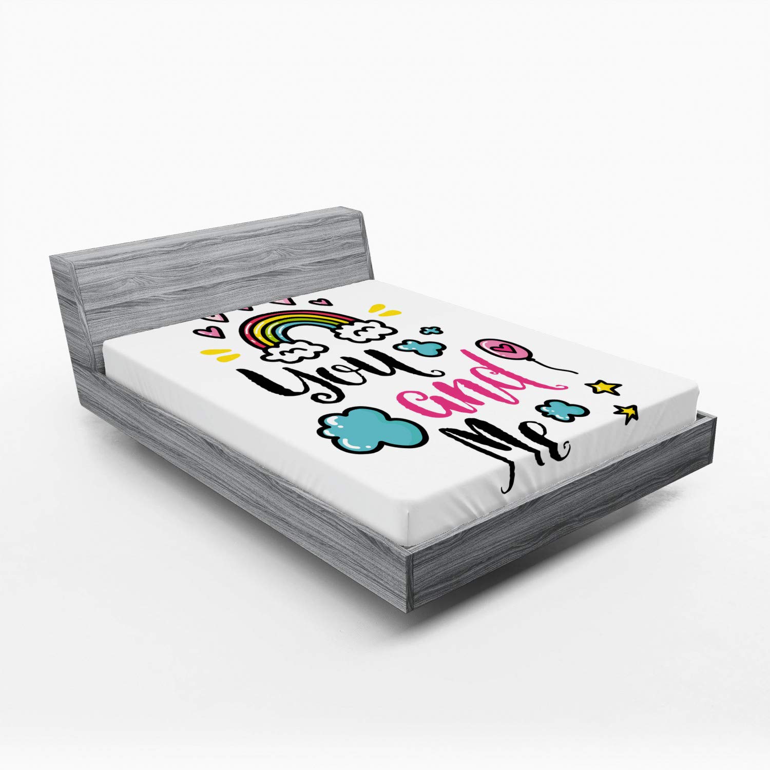 Ambesonne Inspirational Fitted Sheet - Full Size Bed Sheet with Rainbow Clouds, Hearts & Romantic Doodle Print, Deep Pocket All-Around Elastic for Comfort - Perfect for Couples Bedroom, Guest Room & Romantic Getaways