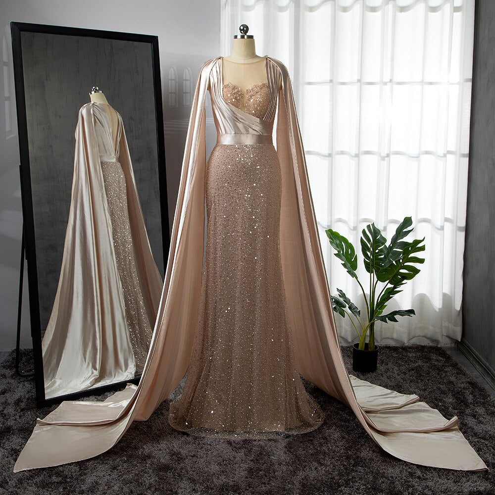 Serene Hill Champagne Mermaid Elegant Cape Sleeves Evening Dress Gown 2025 Luxury Beaded Formal Gown for Women - Perfect for Prom, Wedding, Gala & Black Tie Events