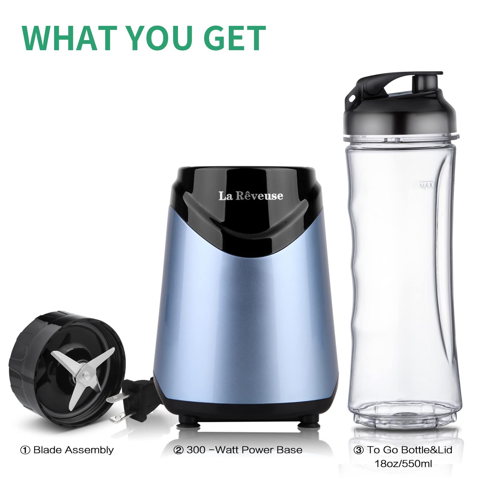 La Reveuse 300W Personal Smoothie Blender with 18oz BPA-Free Travel Bottle - Portable Light Blue Blender for Protein Shakes, Post-Workout Recovery & Healthy On-the-Go Smoothies