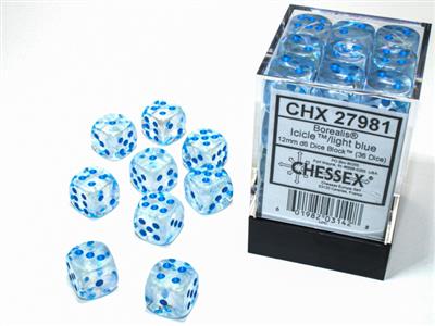 Borealis 12mm d6 Icicle Light Blue Luminary Dice Block Set - 36 Translucent Gaming Dice for D&D, RPGs, and Tabletop Board Games