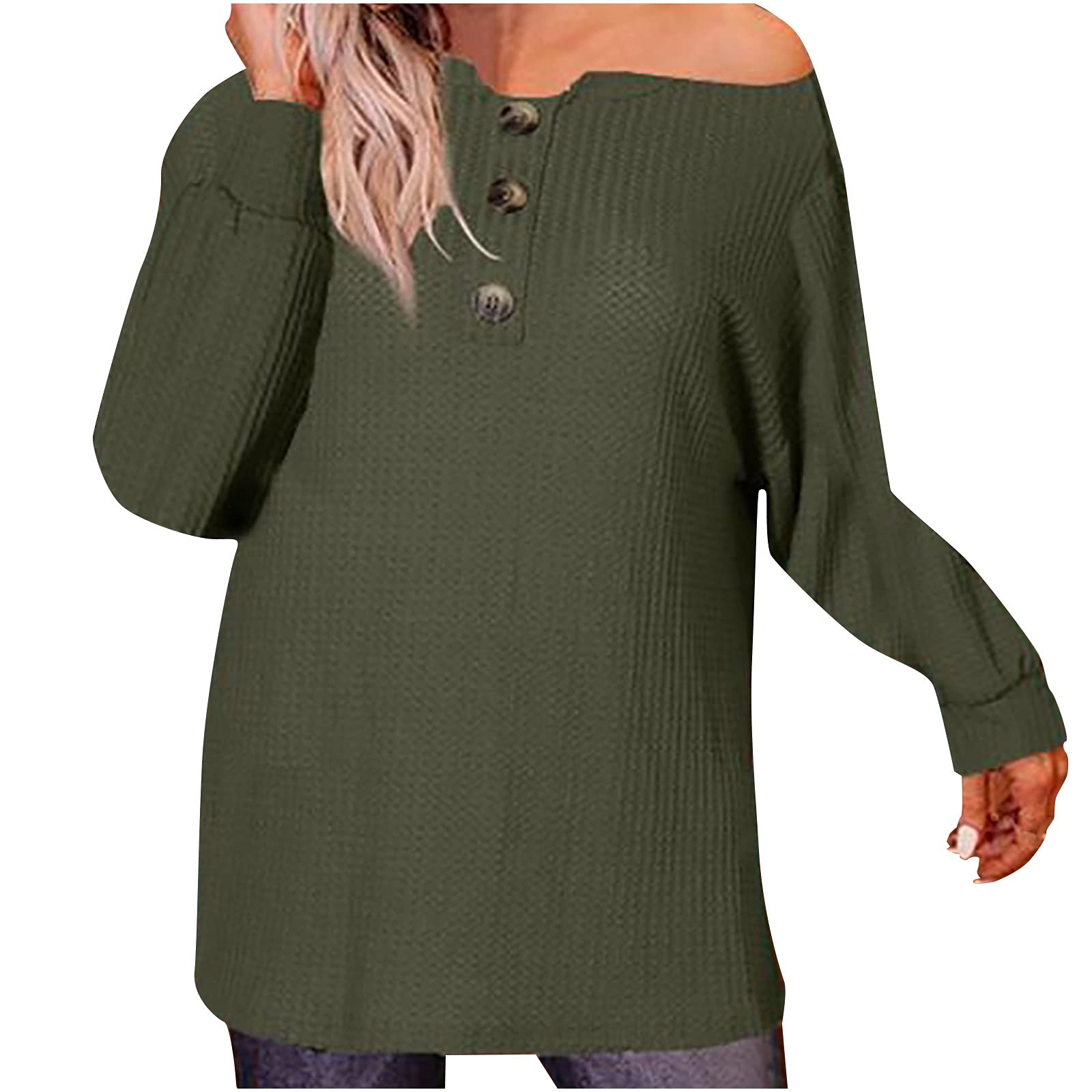 Wirziis Women's Fall Off Shoulder Tops - Sexy Long Sleeve Waffle Knit Sweater with Button Details | Casual Pullover Shirt for Ladies | Perfect for Date Nights, Office Wear & Autumn Outings