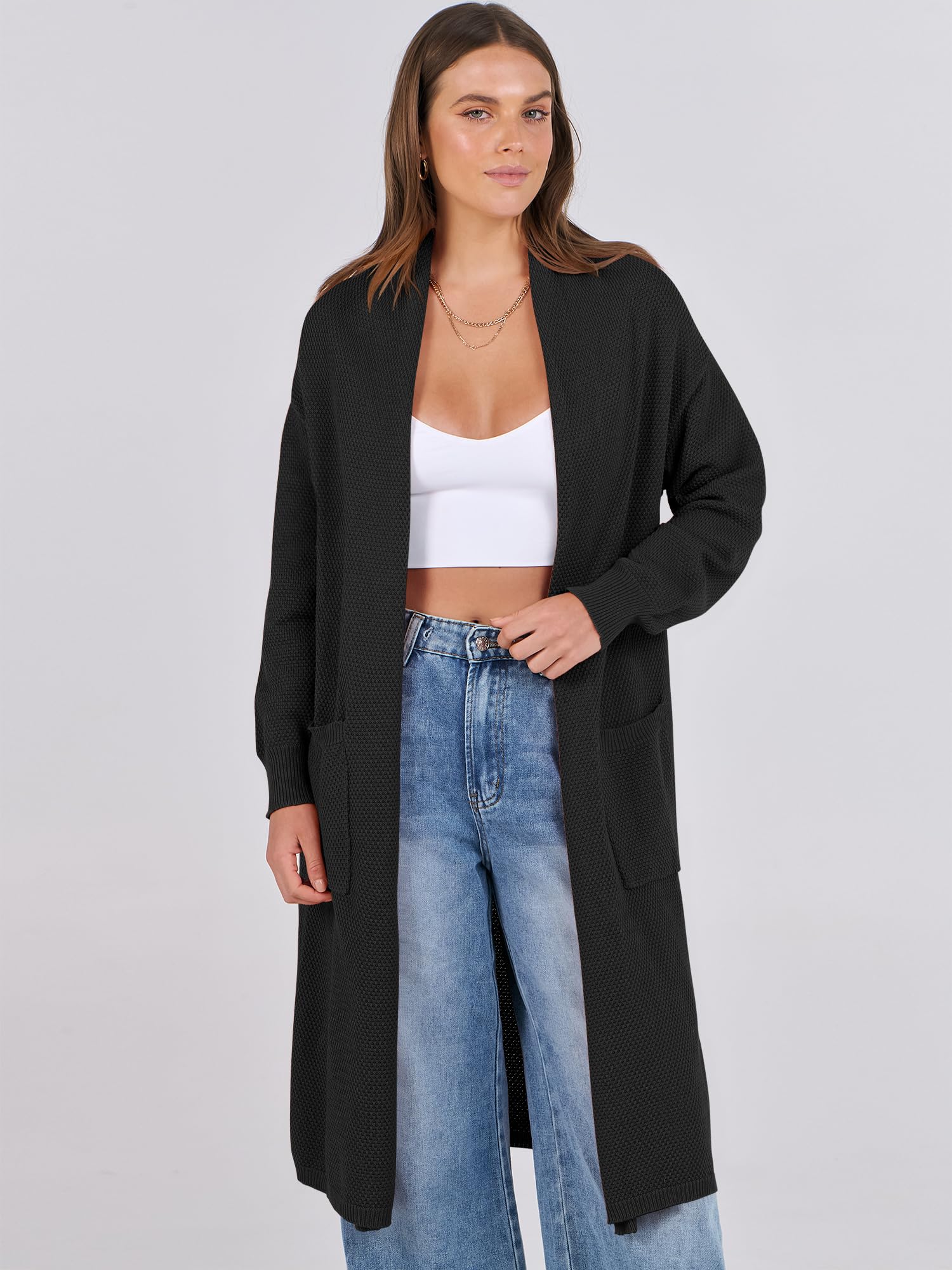 ANRABESS Women's Long Cardigan Sweater - Open Front Long Sleeve Slouchy Oversized Coat, Chunky Knit Waffle Coatigan for Fall 2024 | Perfect for Layering, Office Wear & Casual Outfits