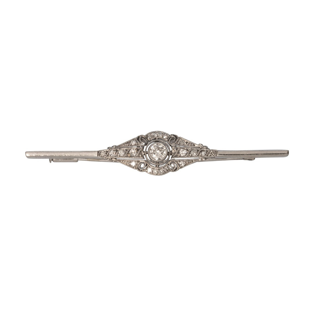 Edwardian Diamond 14K White Gold Bar Brooch Pin - Vintage Jewelry for Weddings, Special Occasions & Antique Collections