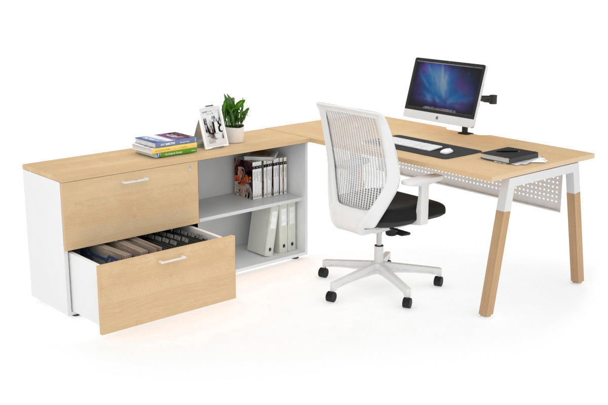 Premium Quadro A-Legs Executive Desk - Solid Wood Legs with White Cross Beam [1600L x 800W] - Modern Office Furniture for Home & Workspace - Includes Cable Management Scallop for Neat Setup