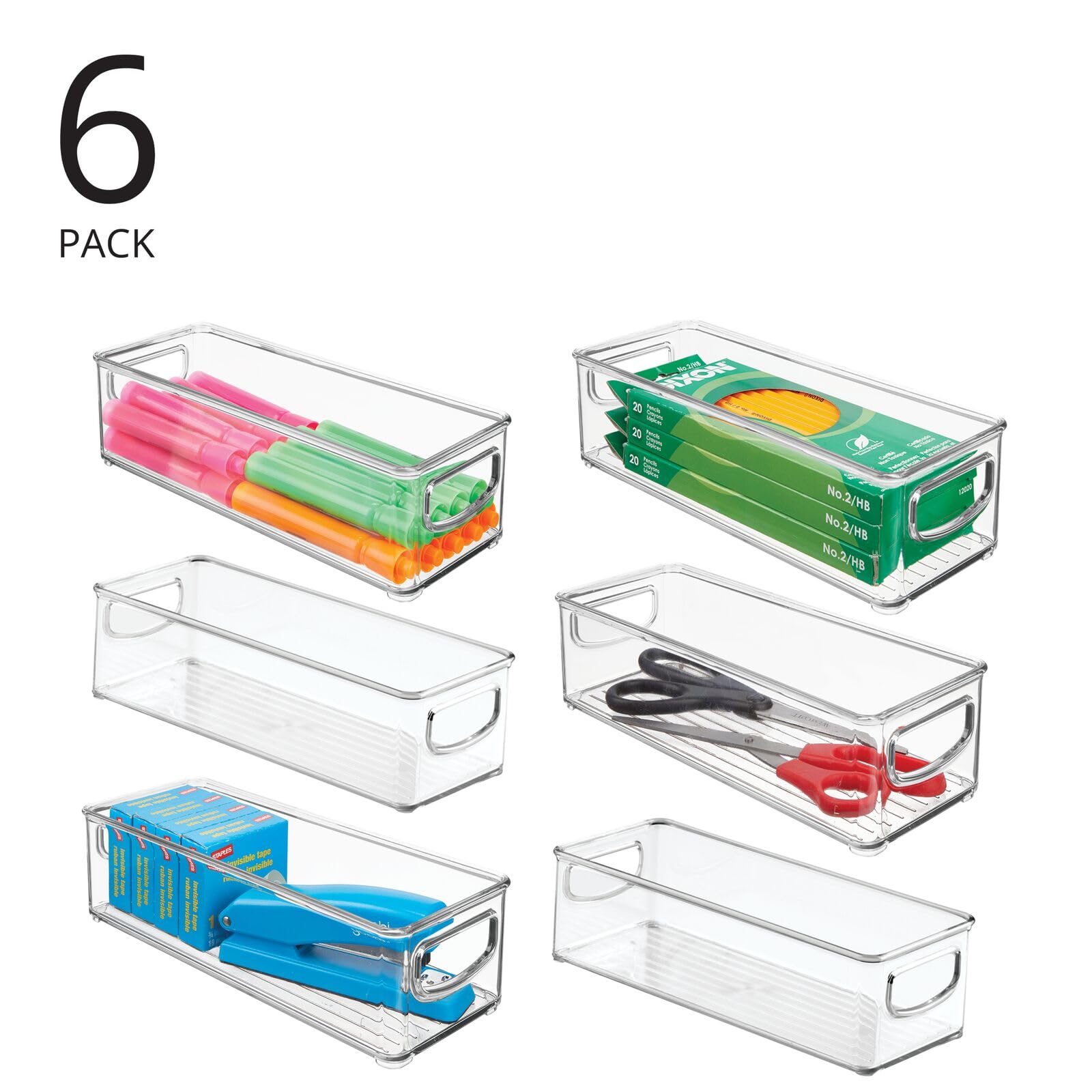 mDesign Small Plastic Storage Bins with Handles - 6 Pack Clear Organizer for Office Supplies, Pens, Pencils & Notes | Perfect for Filing Cabinets, Closet Shelves & Desk Drawers | Space-Saving Home & Office Organization Solution
