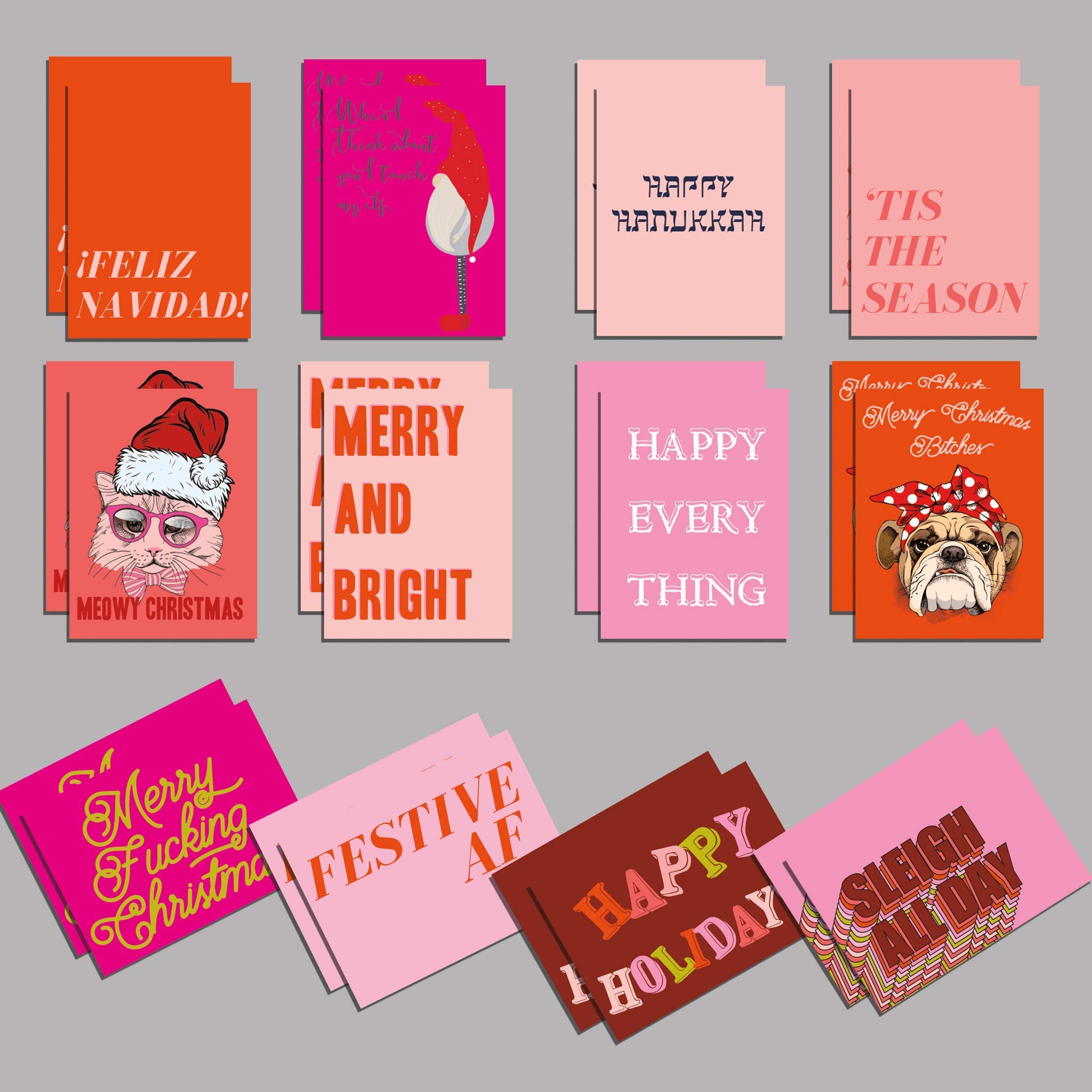 24 Pack Hot Pink Feminine Christmas Cards - Millennial Hipster Holiday Greeting Cards with Envelopes | 12 Unique Designs for Coworkers, Friends & Adults | Perfect for Office Parties, Secret Santa & Festive Celebrations