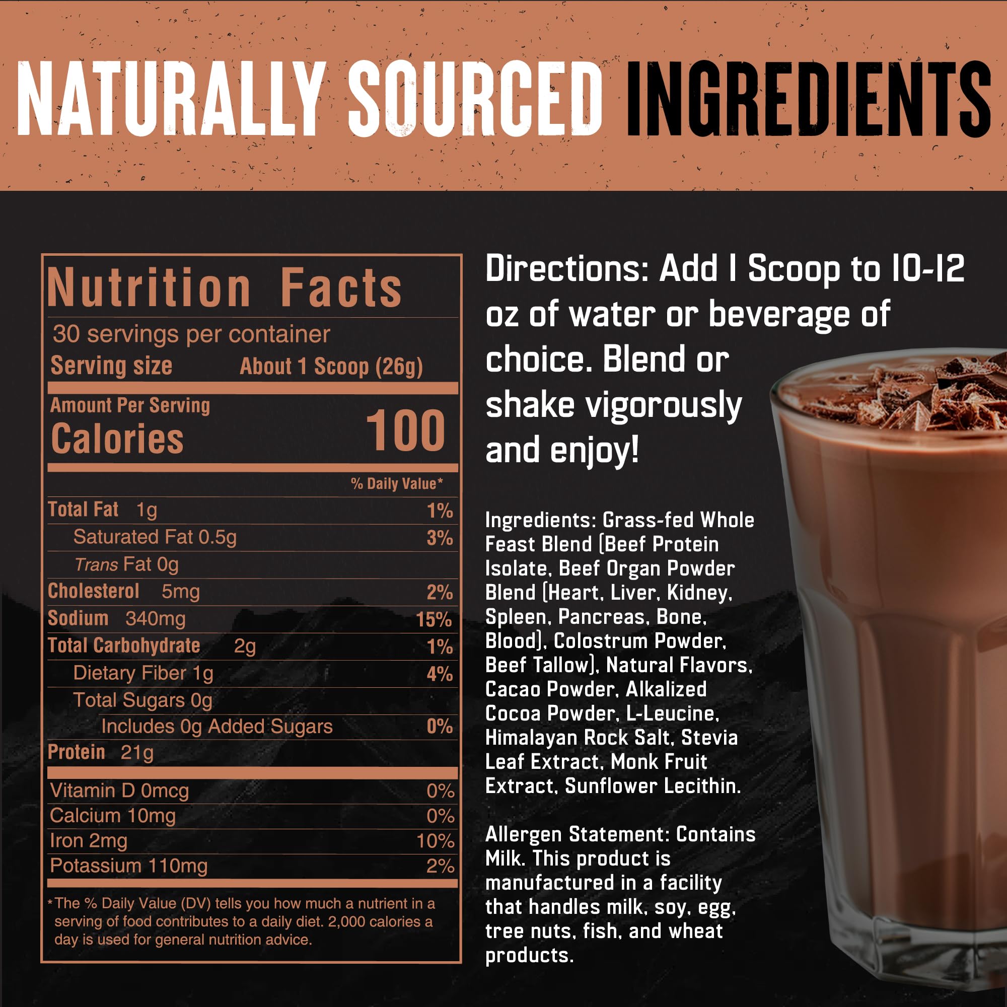 The Fittest Whole Feast Beef Protein Powder - Milk Chocolate Flavor | Nose to Tail Carnivore Blend with Liver, Colostrum & Bone | 21g Protein, 14g Collagen & BCAAs | Ideal for Post-Workout Recovery, Keto & Paleo Diets