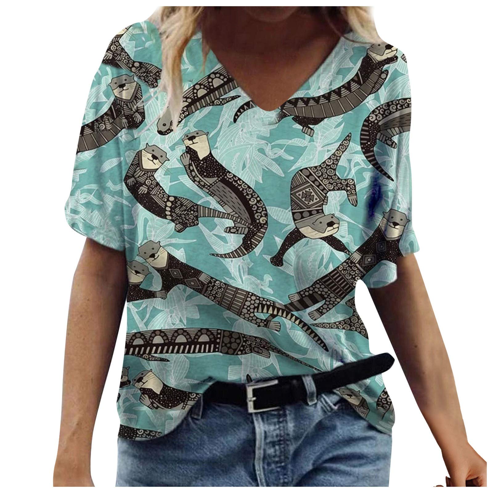 Women's Summer Floral T-Shirts - Classic V-Neck Short Sleeve Cute Tops for Casual Wear & Outfits | Perfect for Beach, Vacation, and Everyday Fashion
