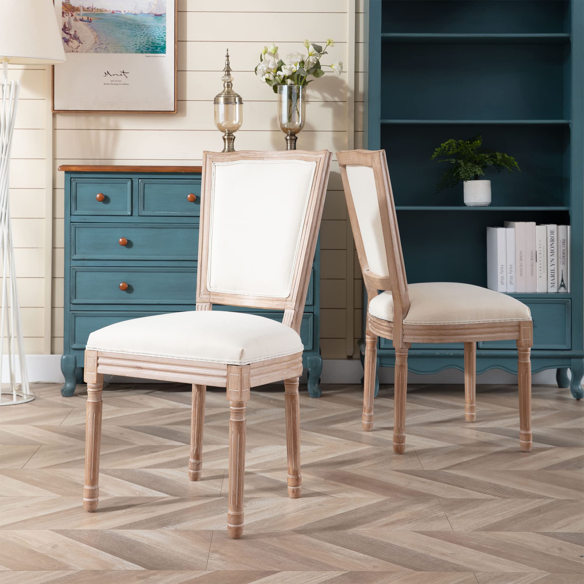 Farmhouse Dining Chairs Set of 2 - French Bistro Style with Square Back & Brown Wood Legs - Beige Upholstered Chairs for Dining Room, Kitchen, Living Room or Restaurant Decor | Perfect for Country Homes, Cafés & Cozy Breakfast Nooks