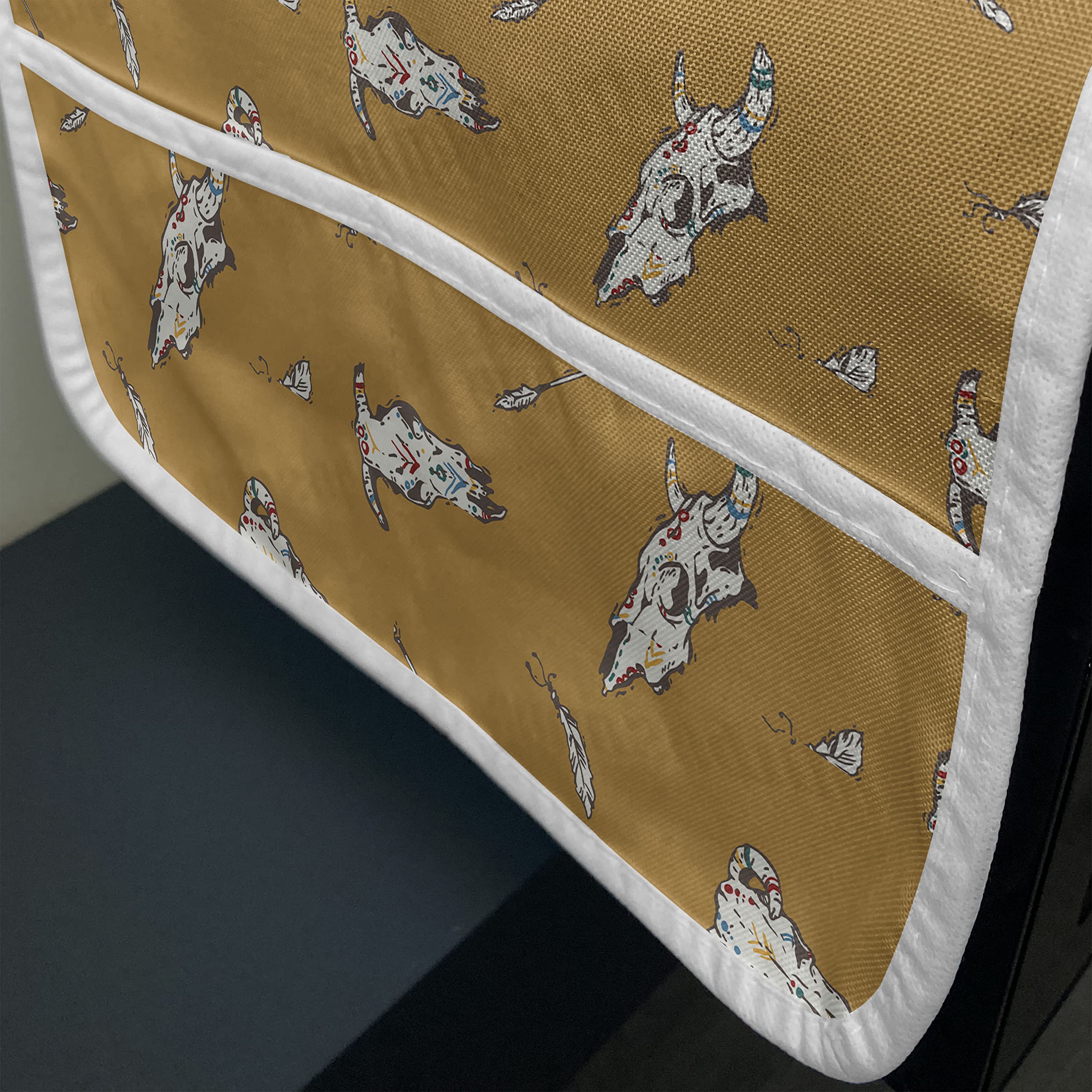 Ambesonne Rodeo Microwave Cover - Bohemian Cow Skull Print with Retro Feathers, Wild West Style Waterproof Kitchen Organizer with Pockets, 36x12 Inches, Pale Coffee & White - Perfect for Southwestern & Ranch Home Decor