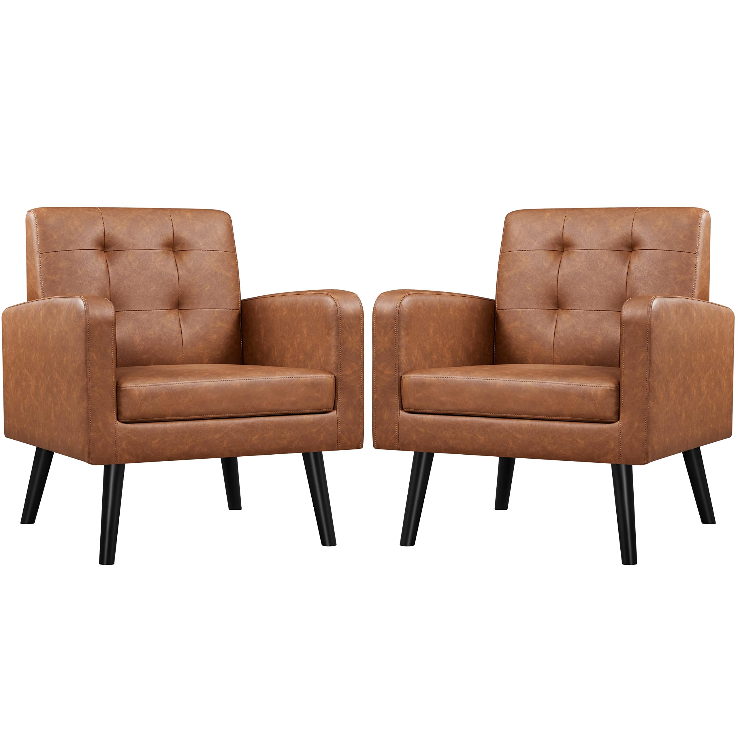 Yaheetech Mid-Century Modern Accent Chairs Set of 2 - PU Leather Upholstered Living Room Armchairs with Button Tufted Back & Wooden Legs, Retro Brown - Perfect for Bedroom, Office, Cafe & Lounge Areas