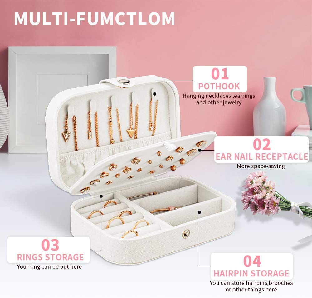 Best Portable Travel Jewelry Box - 2-Layer Leather Jewelry Organizer for Women | Compact Display Storage Case for Rings, Necklaces & Earrings | Perfect Gift for Girls & Women | Ideal for Travel, Home & Office Use (White)