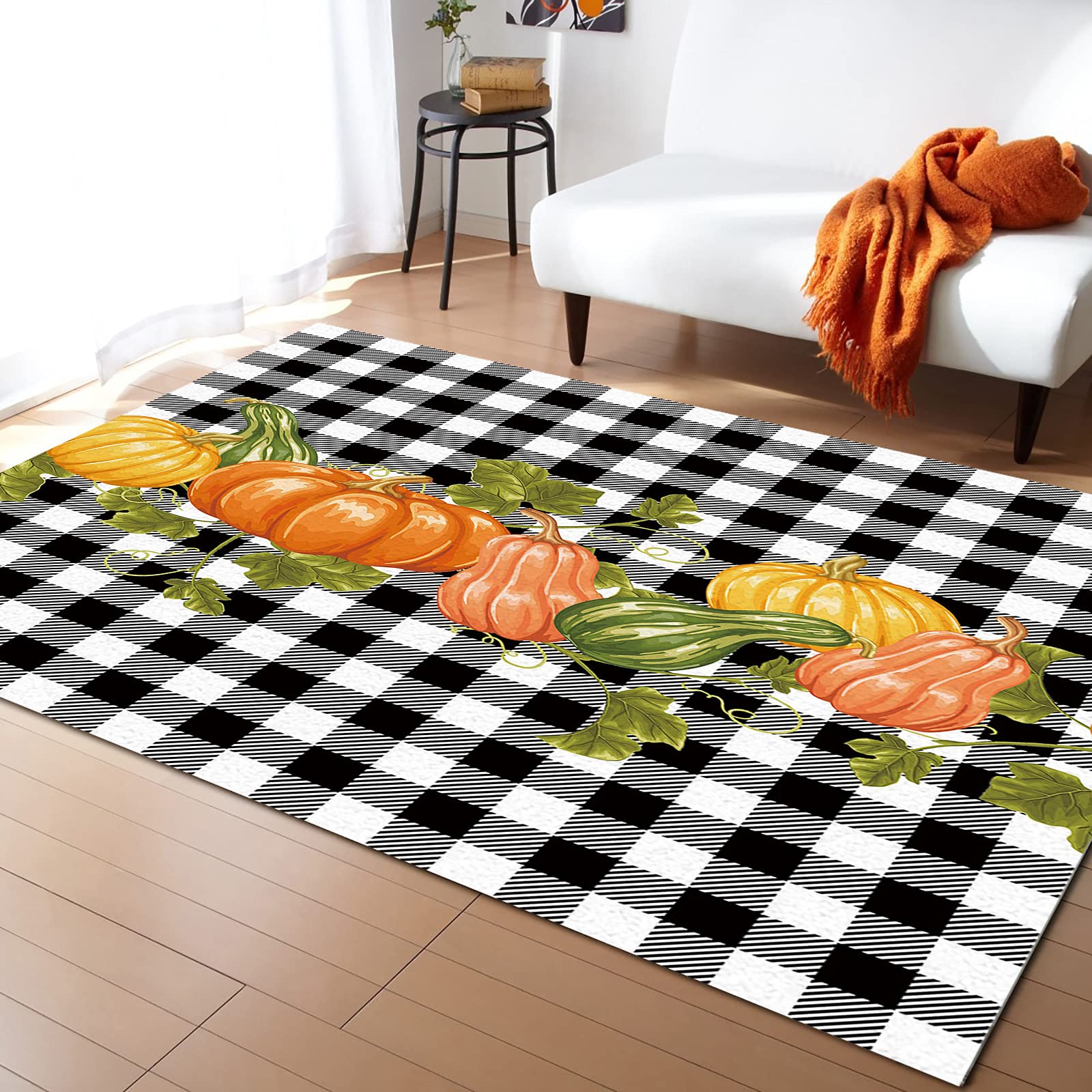 Thanksgiving Pumpkin Green Vine Non-Slip Indoor Area Rug - Fall Buffalo Plaid Fluffy Shaggy Runner Carpet 5'x8' for Living Room, Bedroom, Kids Room | Cozy Home Decor & Seasonal Floor Mat