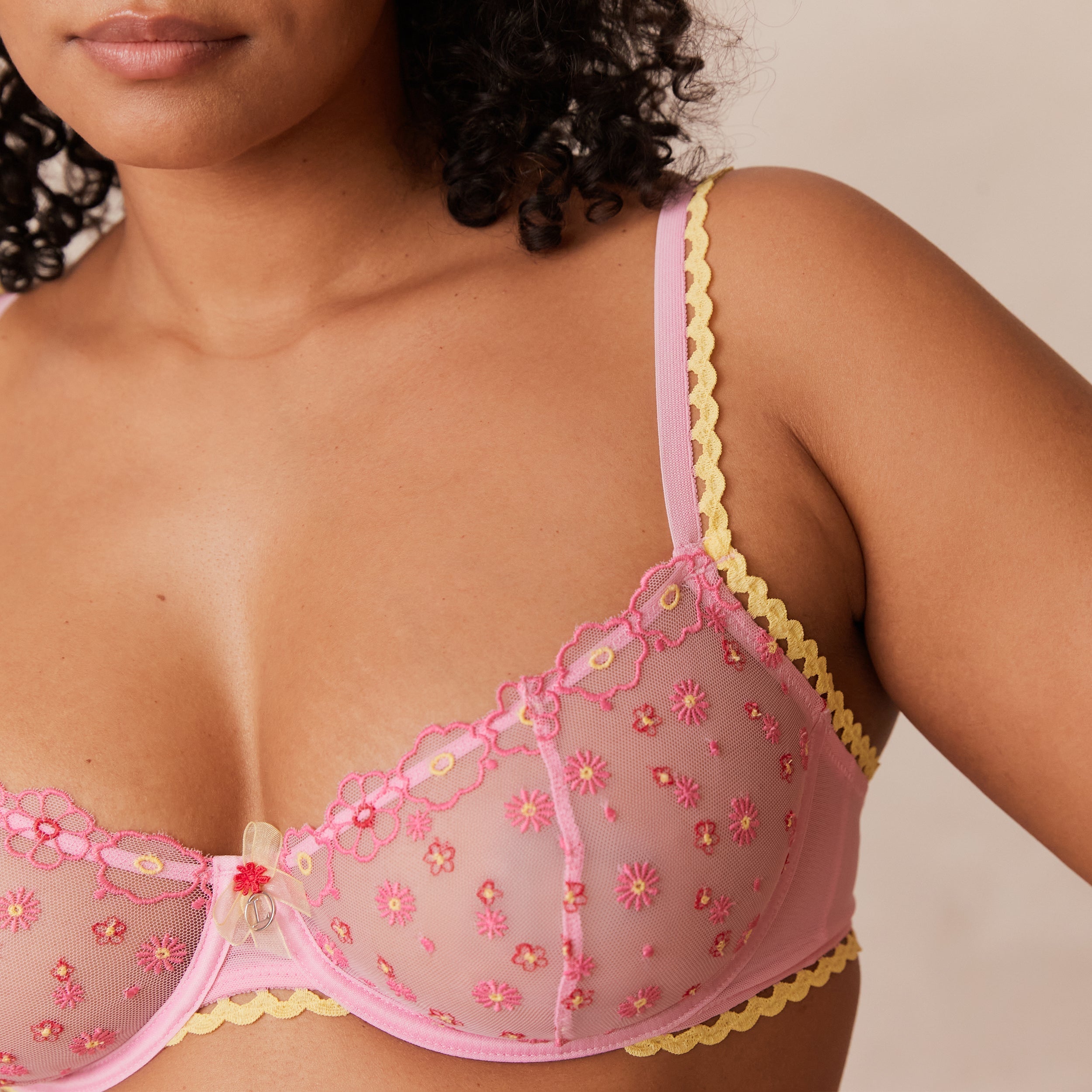 Daisy Embroidered Balcony Bra for Women - Soft Pink Lace Underwire Push Up Bra - Perfect for Everyday Wear, Date Night & Special Occasions