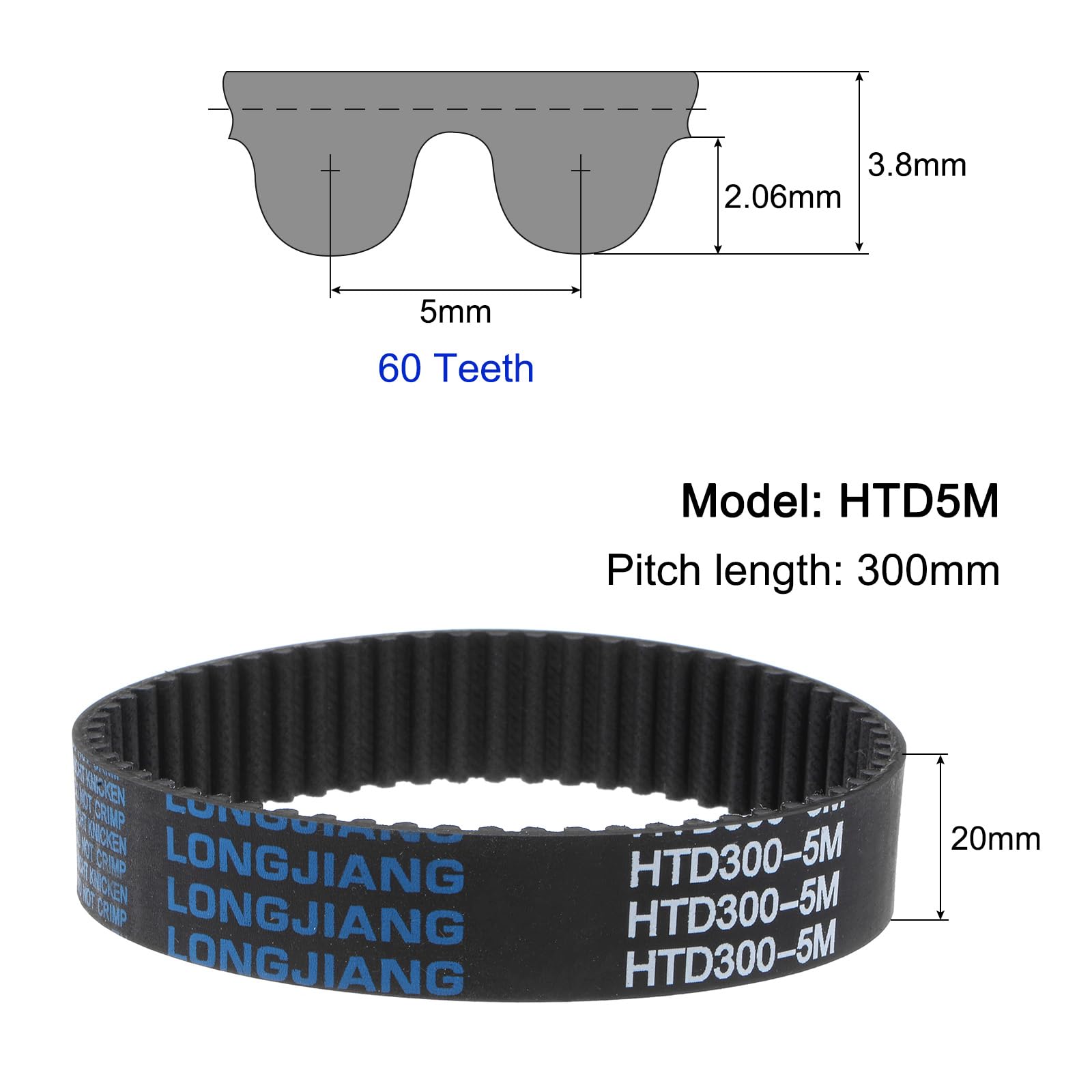 HTD5M-300 Rubber Timing Belt 60 Teeth 20mm Width 300mm Pitch Length Synchronous Drive Belt for 3D Printers, CNC Machines & Industrial Equipment