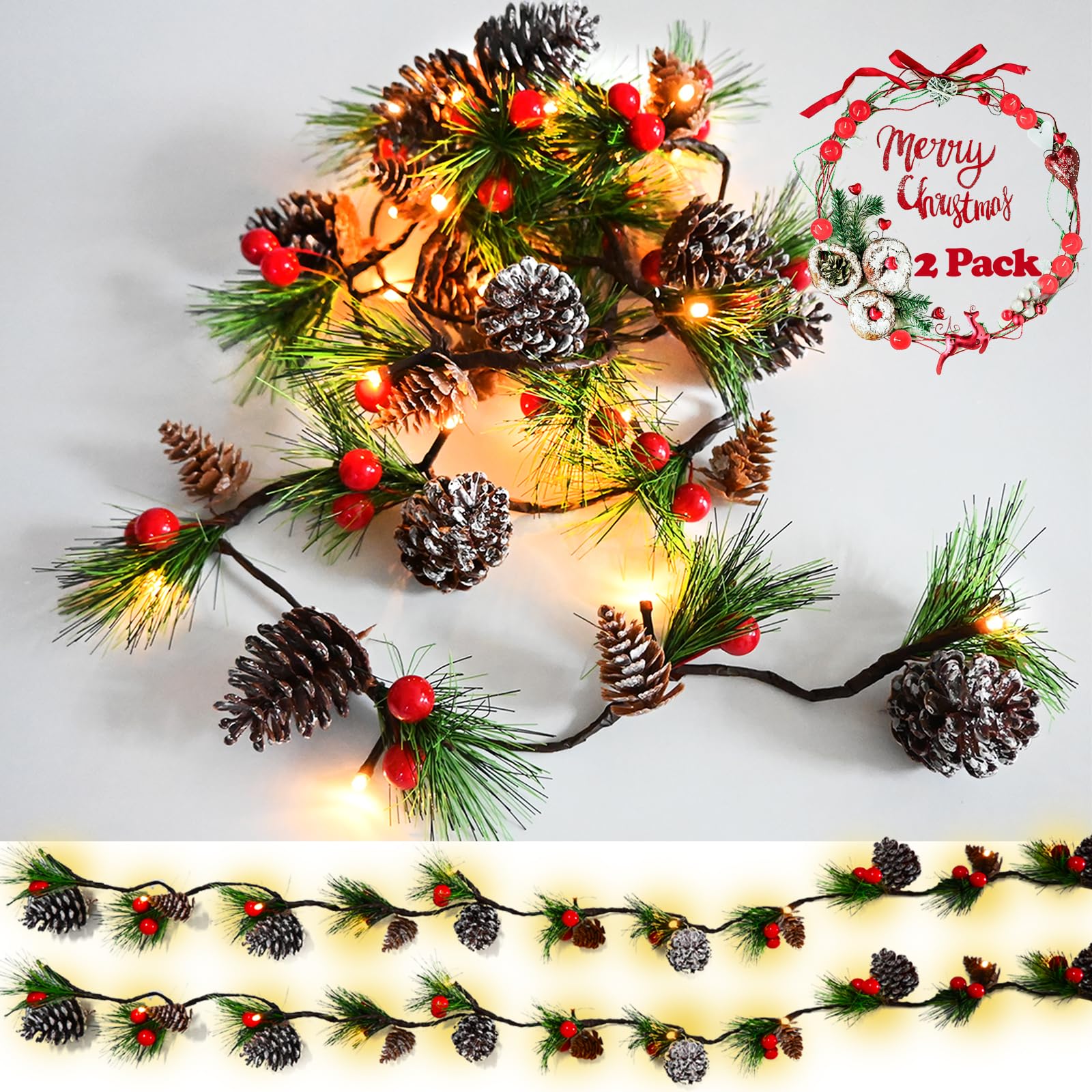 2 Pack Christmas Garland Lights - 13FT 40LED Pine Cone Garland with Red Berry, Battery Operated Holiday Decor for Indoor & Outdoor | Perfect for Fireplace Mantel, Staircase, Doorway & Christmas Tree Decoration