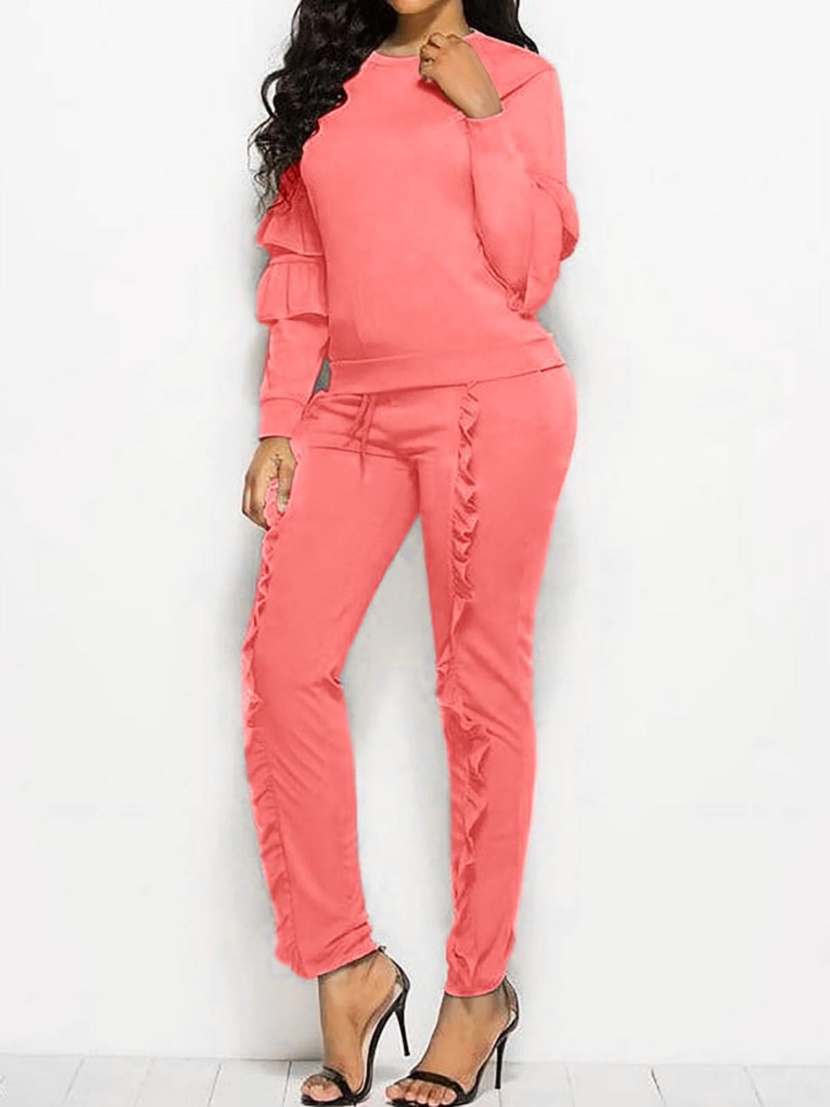 AKMIPOEM Women's 2 Piece Outfits - Ruffle Sleeve Sweatshirt & Long Pants Tracksuit Set, Casual Lounge Wear for Home, Gym, and Street Fashion