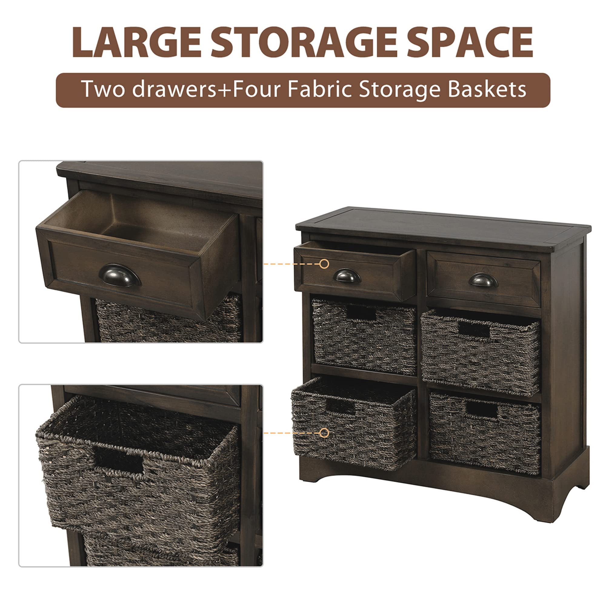 Rustic Light Gray Storage Cabinet with 2 Wood Drawers & 4 Wicker Baskets - P PURLOVE Entryway Organizer for Living Room, Kitchen, Bedroom | Farmhouse Home Decor & Closet Storage Solution