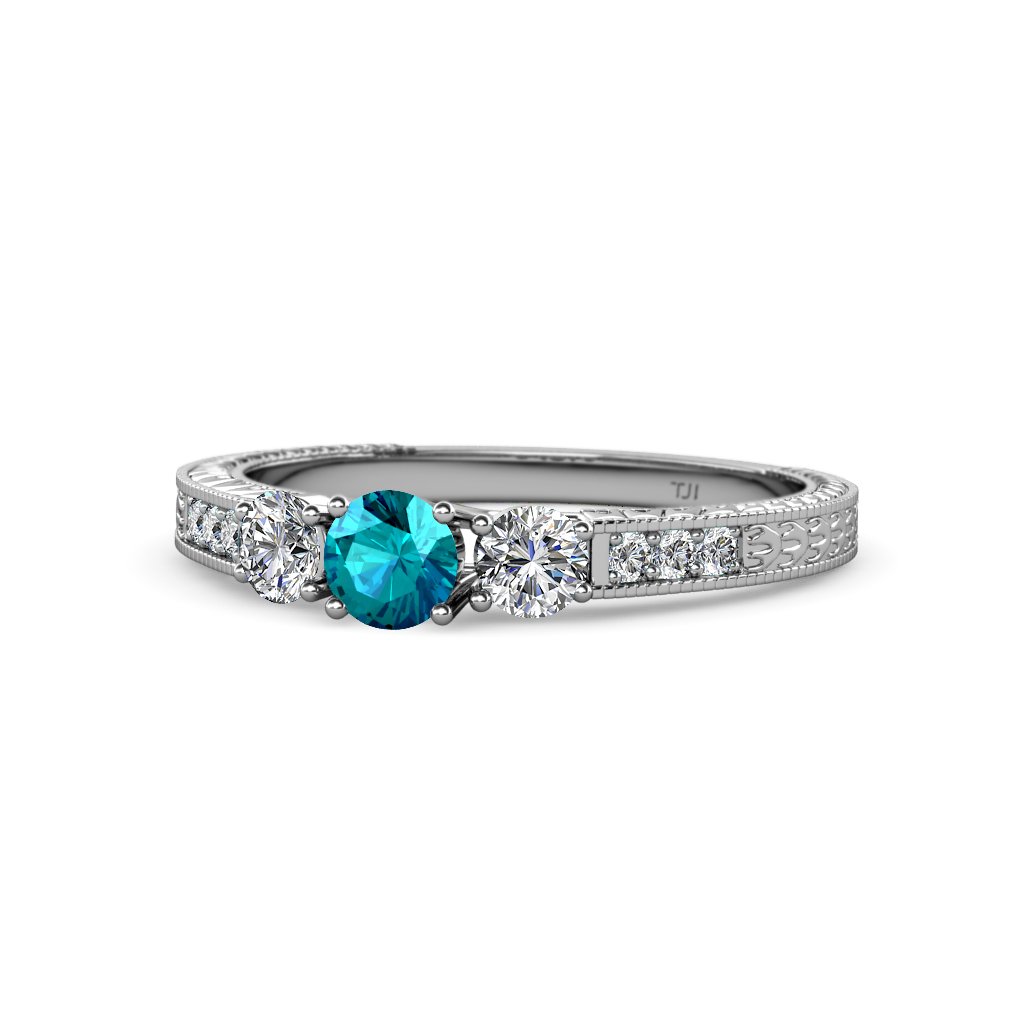 London Blue Topaz & Diamond Milgrain 3 Stone Ring - 0.85ctw Side Diamonds in 14K White Gold | Elegant Engagement, Anniversary & Gift Jewelry for Women