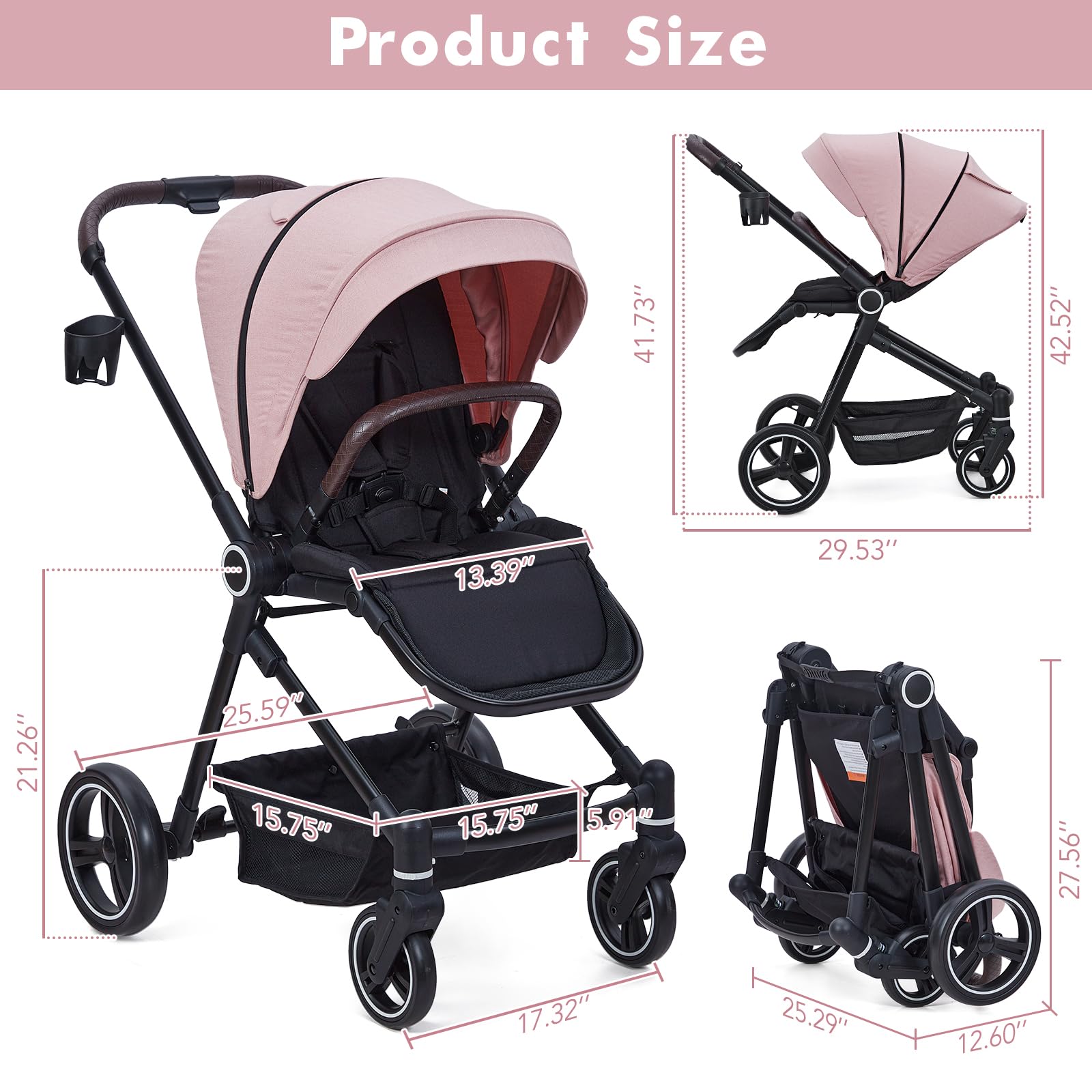 Foldable Pink Baby Stroller - Lightweight Travel Stroller for Newborn to Toddler, Convertible Infant Pram with Reversible Seat, Adjustable Canopy & Footrest, Large Storage Basket & Cup Holder | Perfect for Shopping, Travel, Walks in Park & Daily Use with Baby Girls & Boys