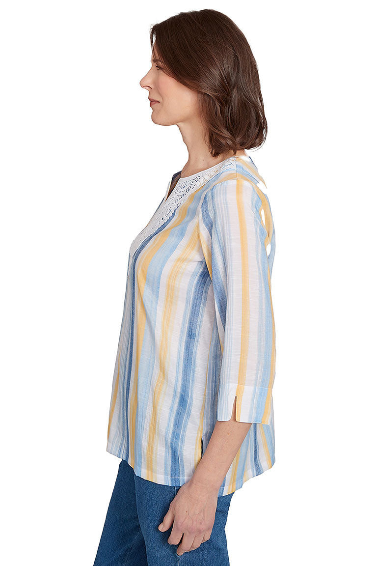 Floral Striped Lace Blouse for Women - Elegant V-Neck Top for Office, Date Night & Spring Outfits