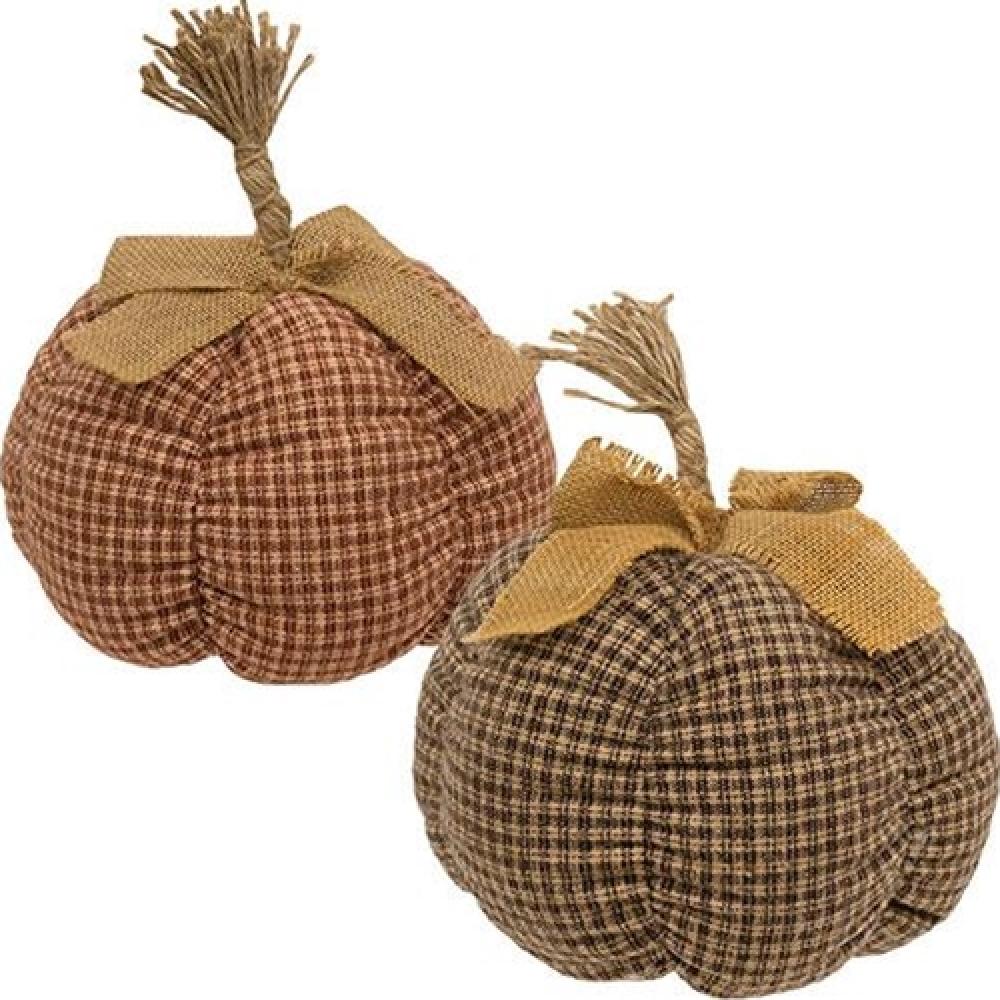 Large Country Plaid Pumpkin Decor - Set of 2 Assorted Fall Harvest Decorations for Thanksgiving, Halloween, and Autumn Home Decor